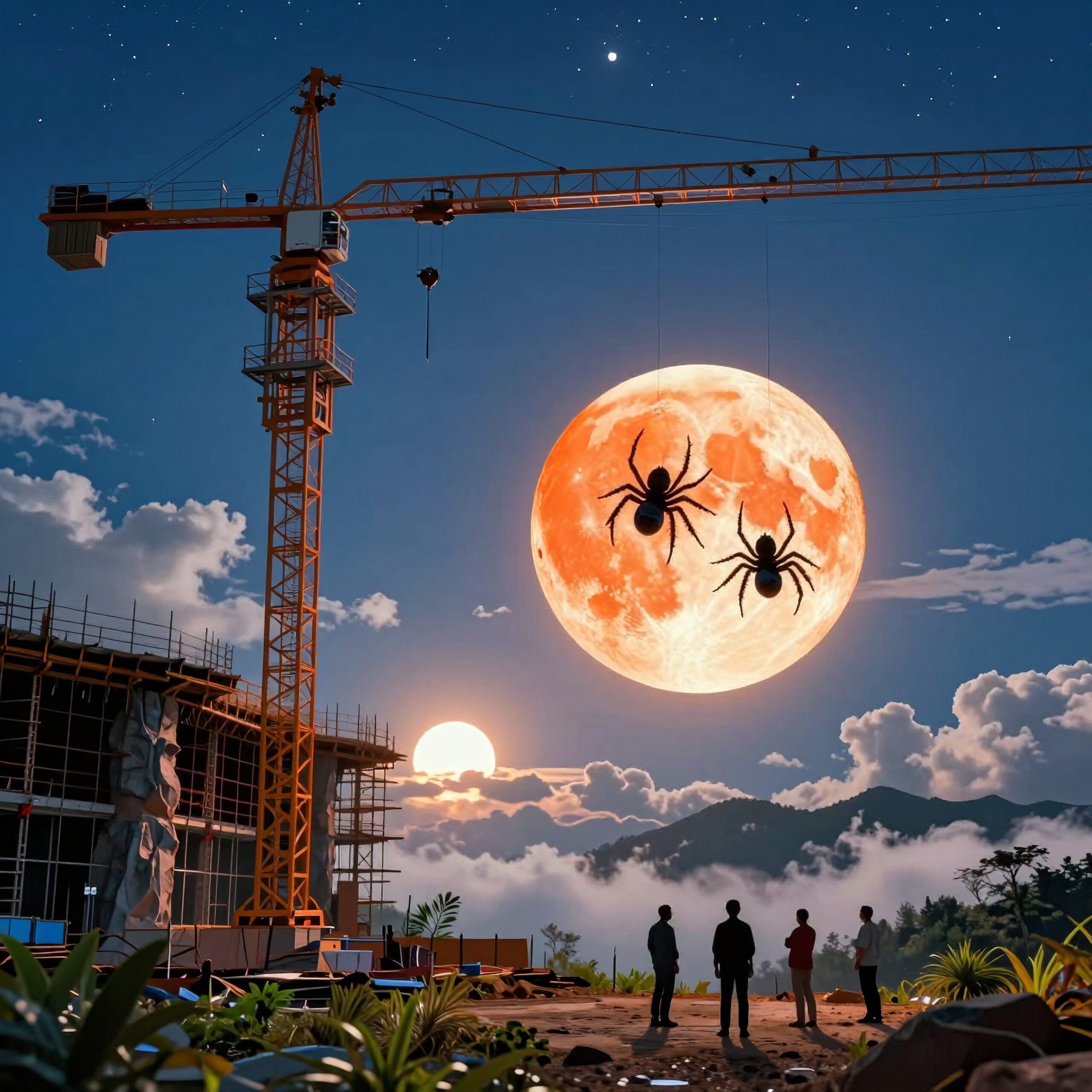 A surreal construction site at night with a crane hoisting a moon sphere and spiders, under a starry sky.