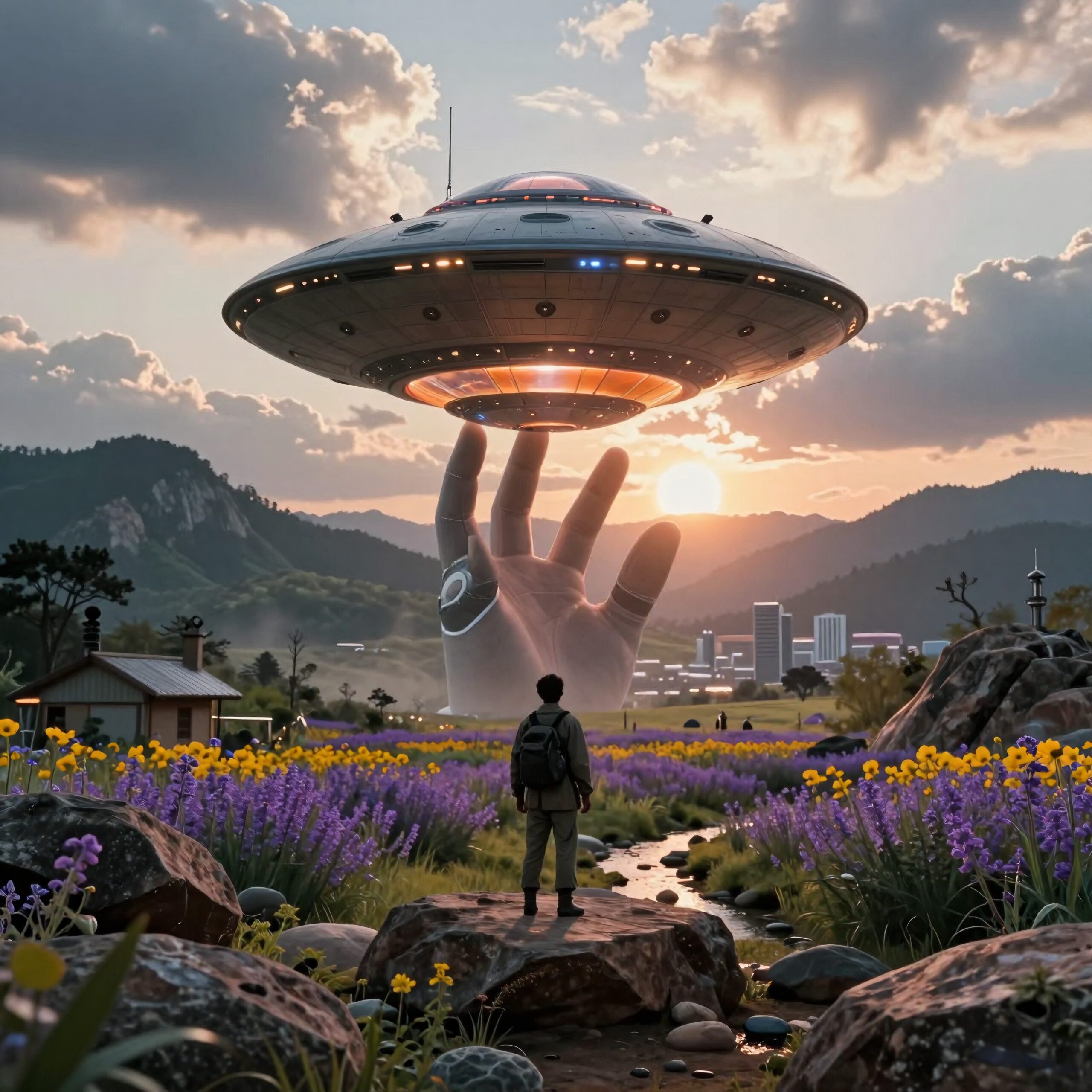 A person in a flower field observes a UFO and robotic hand at sunset.