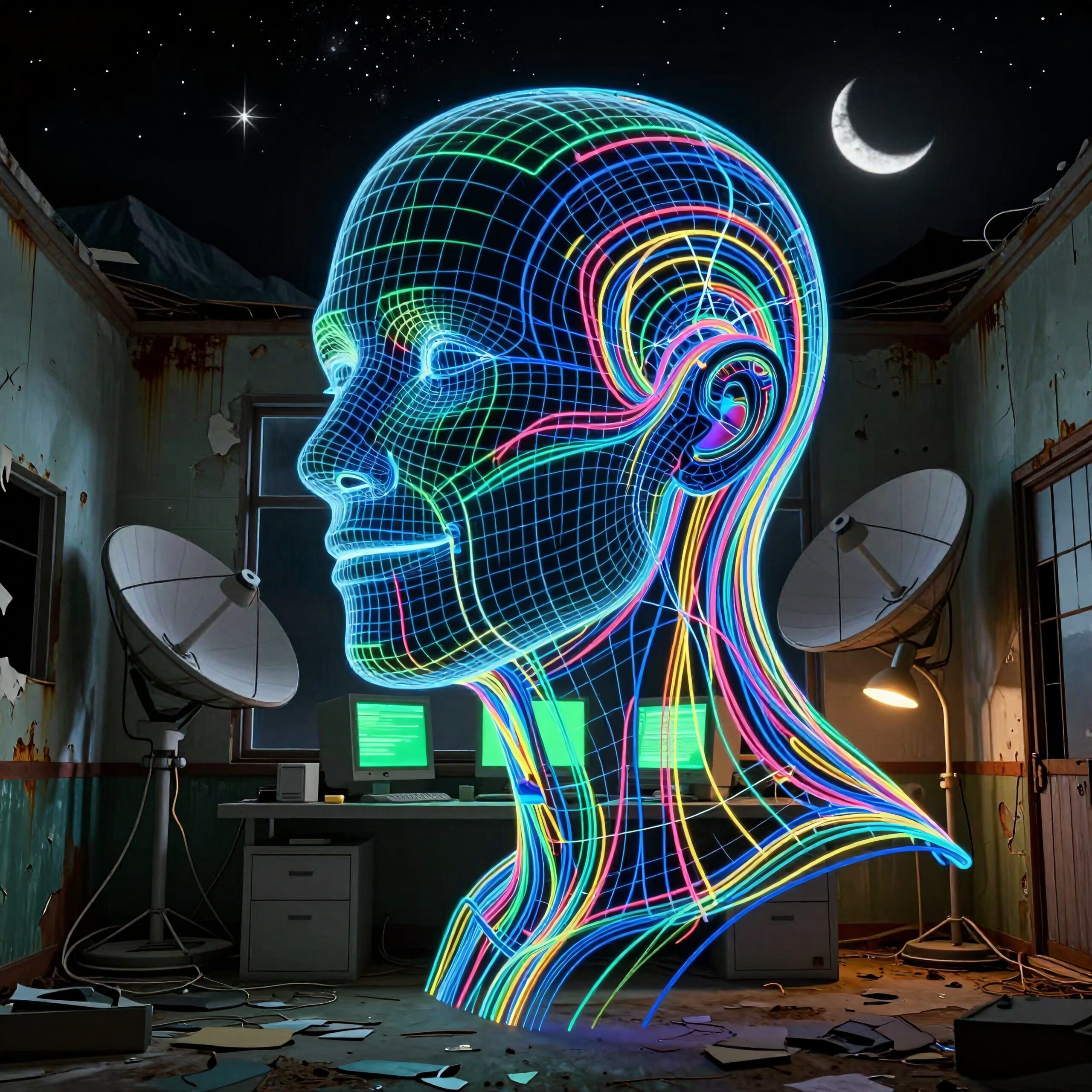 A neon wireframe head glows vibrantly in a dim room with satellite dishes, under a starry sky.