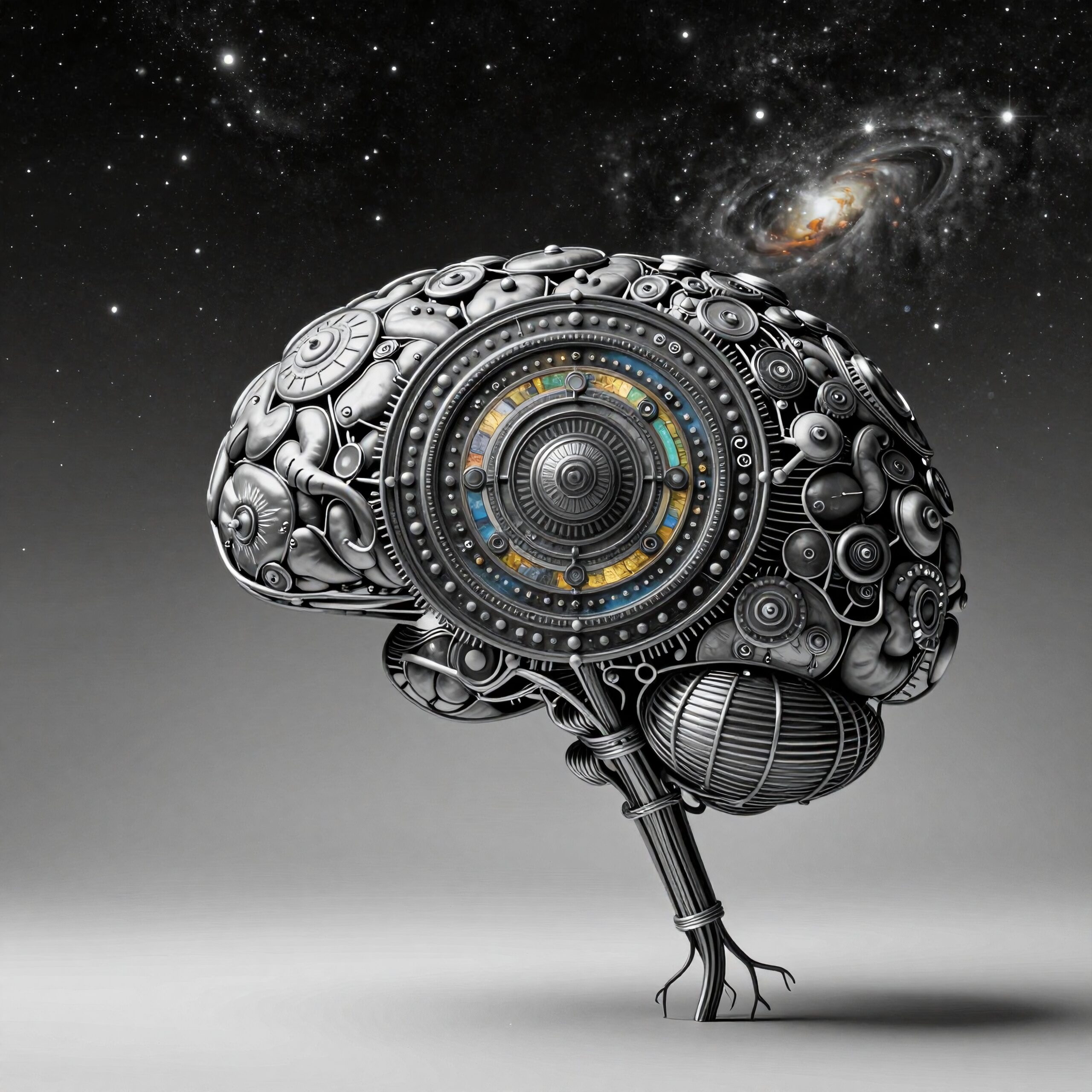 A mechanical brain with cosmic galaxy background signifies human-technology fusion.