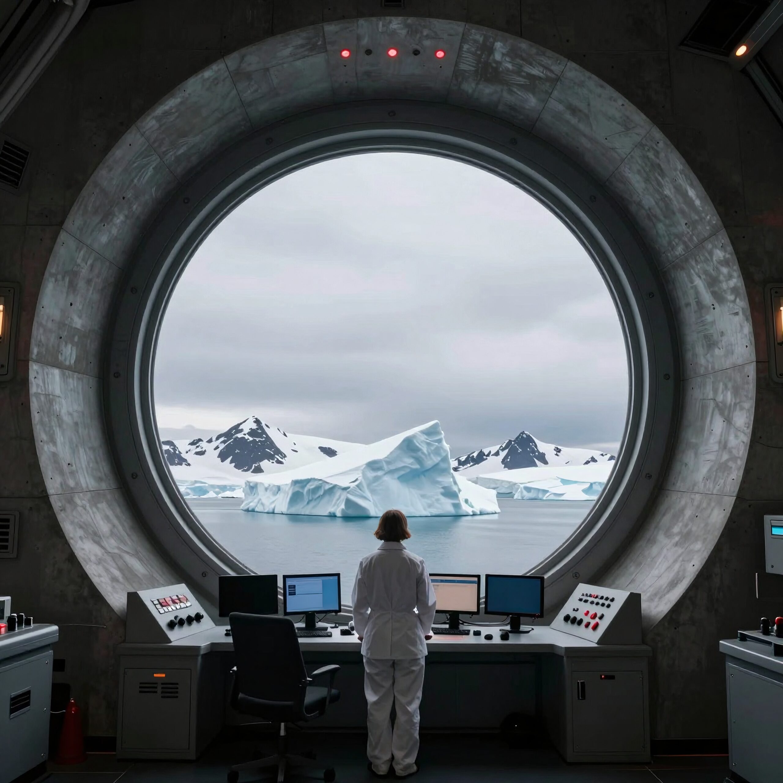 A scientist observing icebergs through a large window in a high-tech research facility.