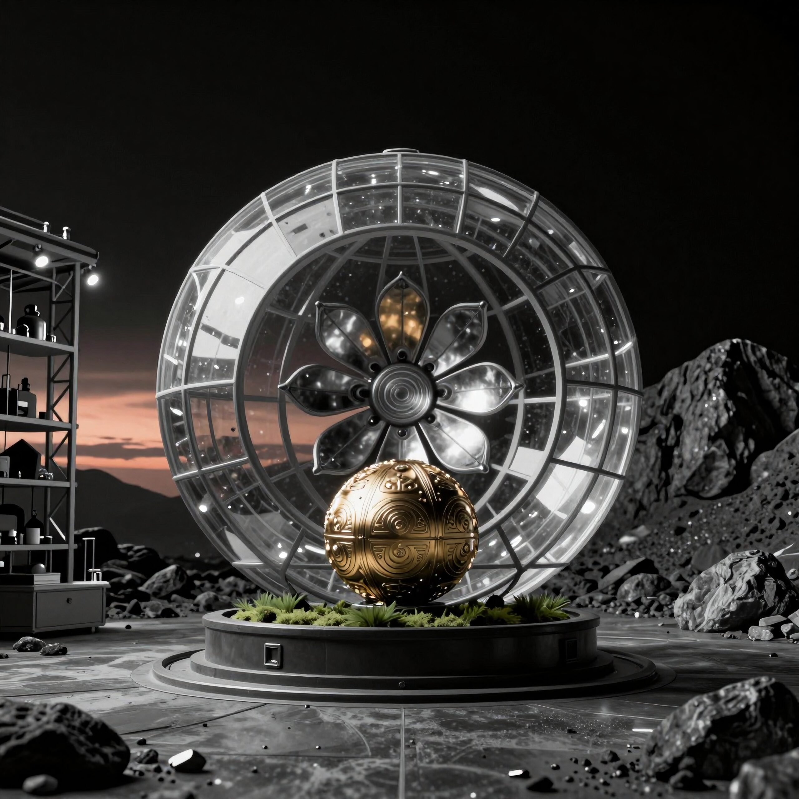 "Futuristic dome structure on alien landscape with ornate sphere and research equipment."