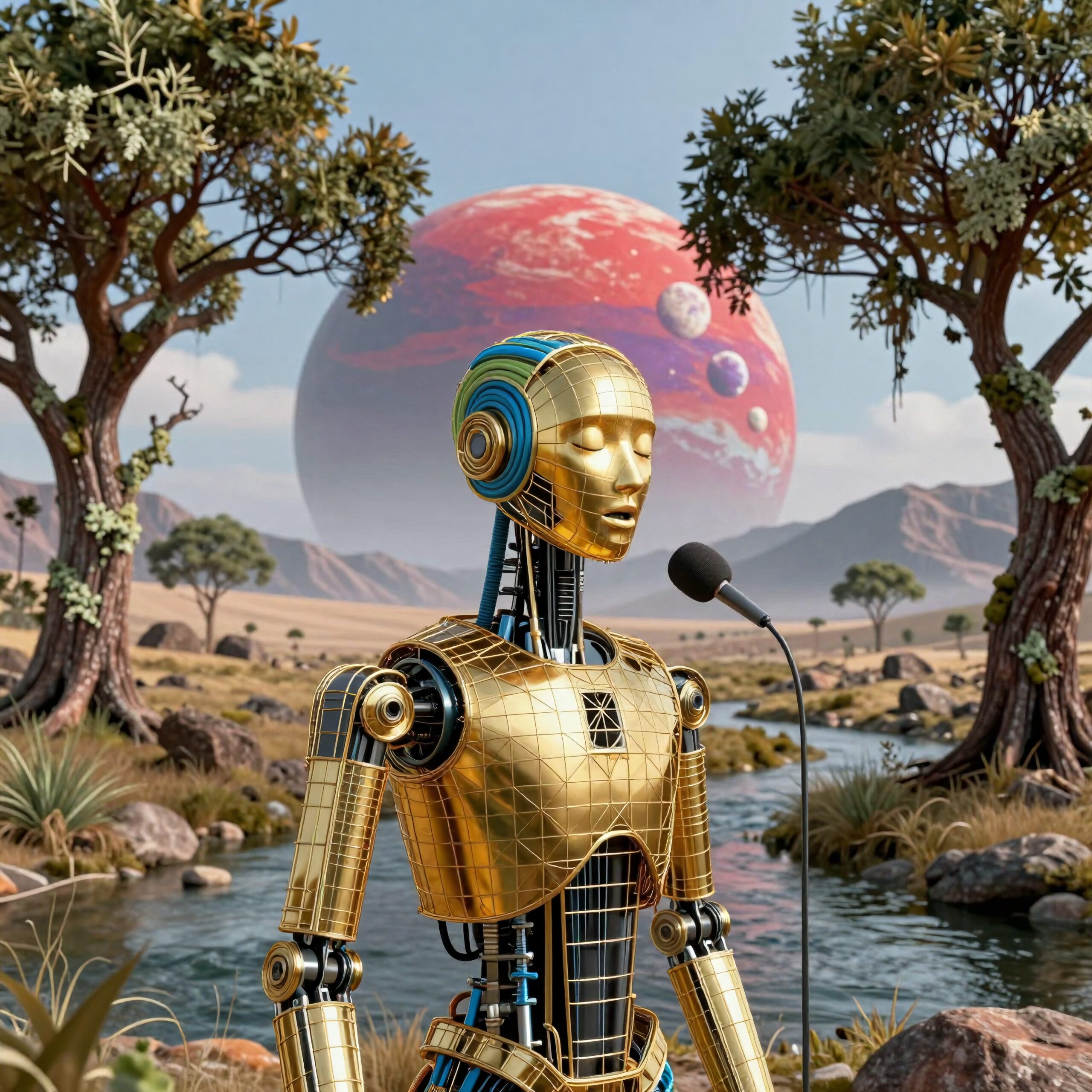 A humanoid robot speaks on an alien planet with a vibrant landscape and celestial backdrop.