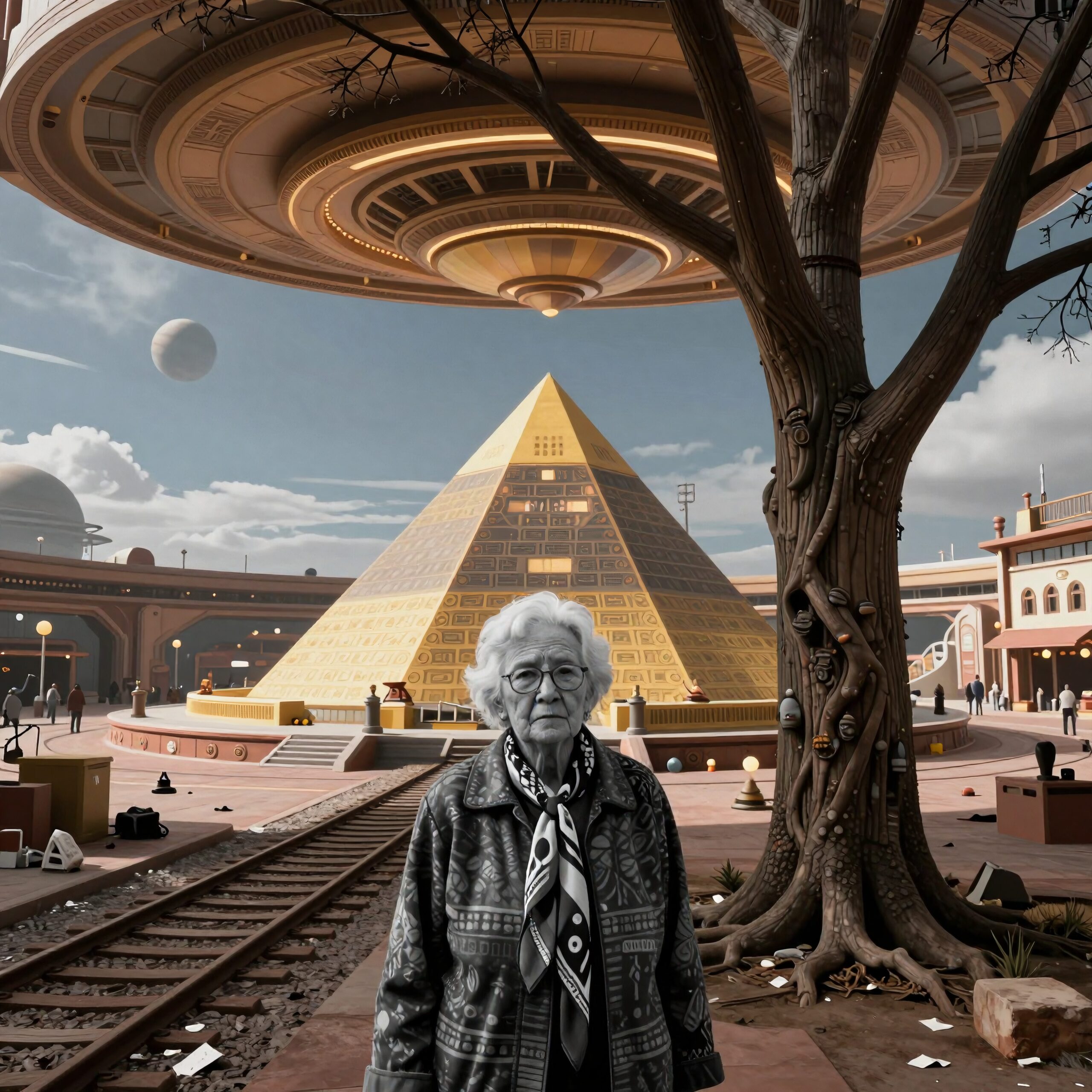 An elderly woman in a surreal futuristic landscape with a golden pyramid and hovering spacecraft.