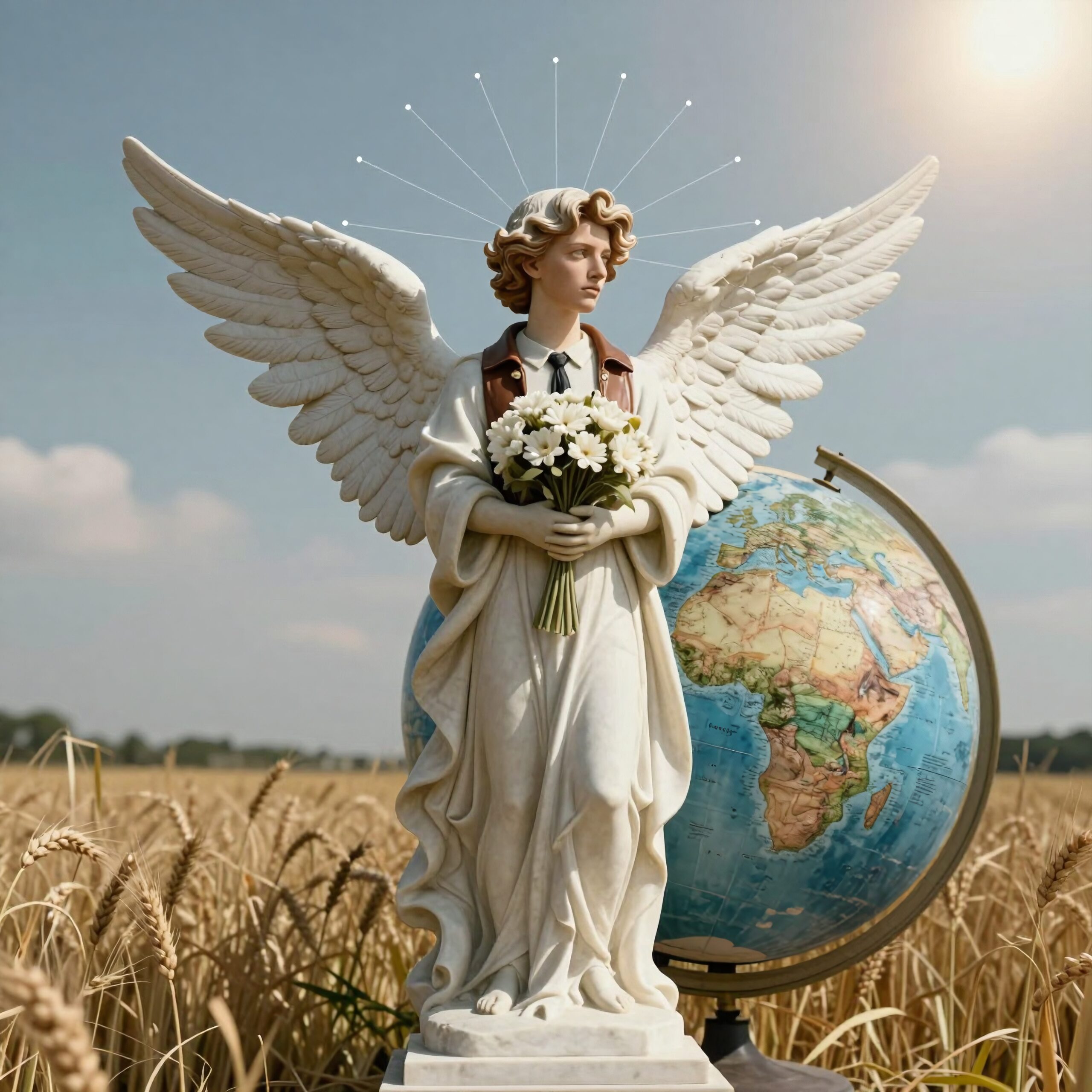 A marble angel with daisies stands in a wheat field beside a tilting globe under a bright sun.