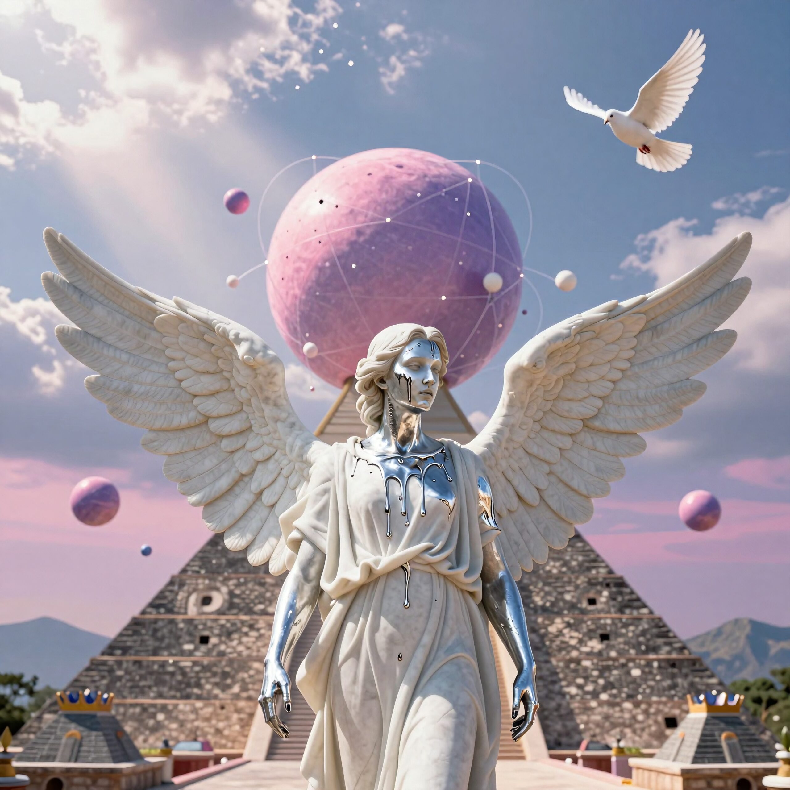 A metallic angelic statue with wings stands before a pyramid and cosmic spheres under a vibrant purple and pink sky.