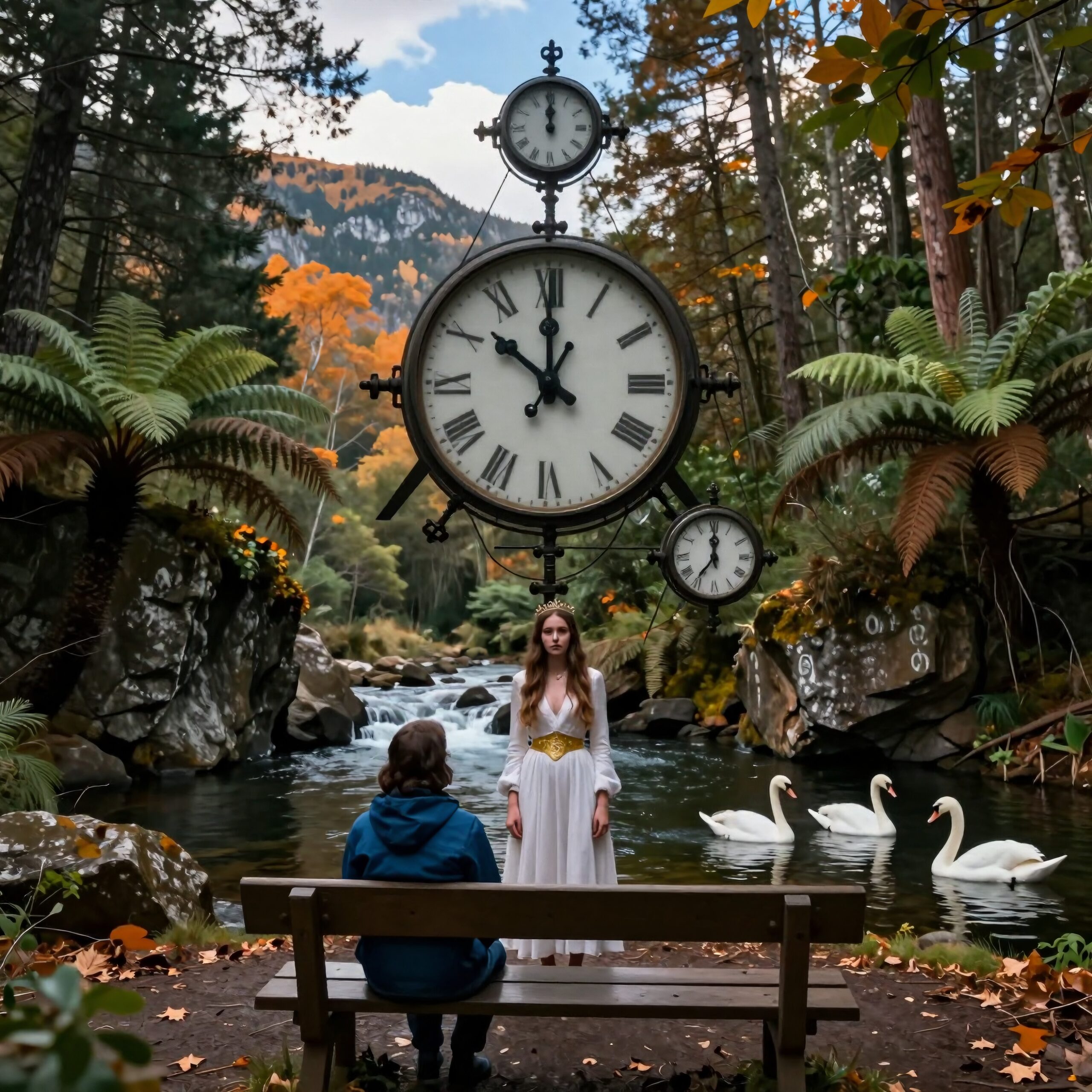 A woman in white stands before a surreal, oversized clock in a lush forest setting, while swans swim nearby.
