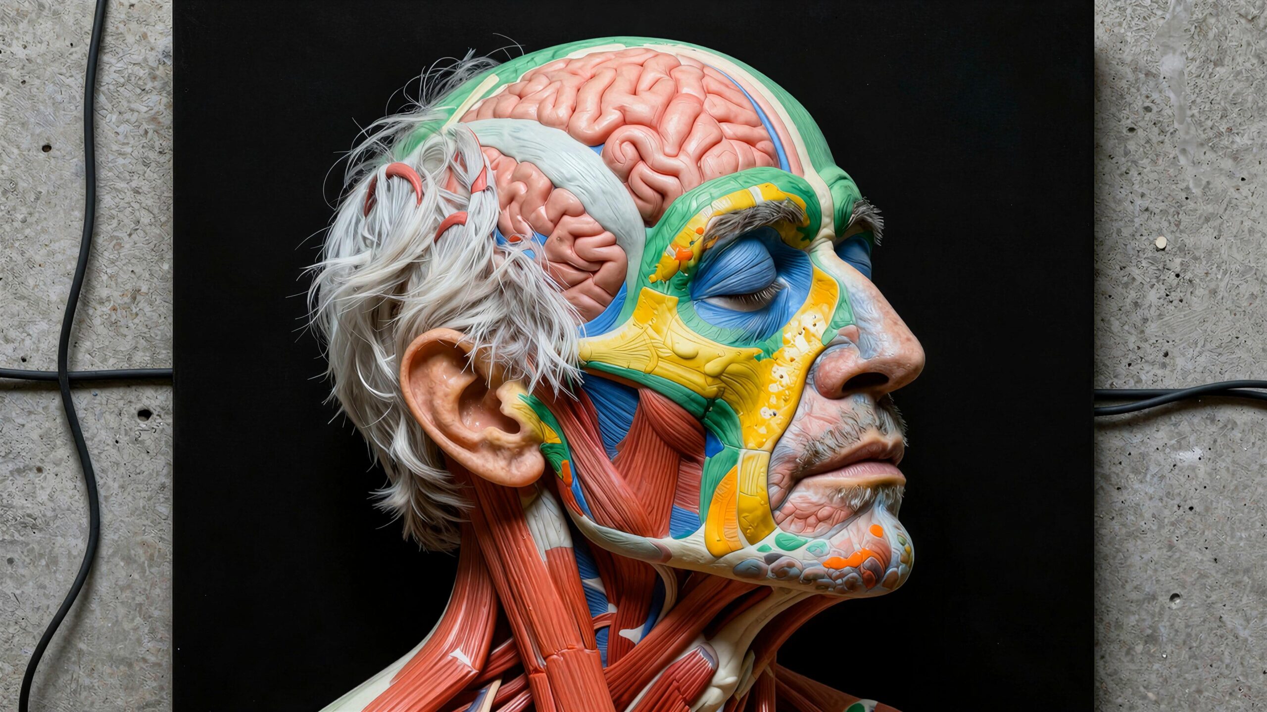 Detailed anatomical cross-section of a human head, jaw and neck.