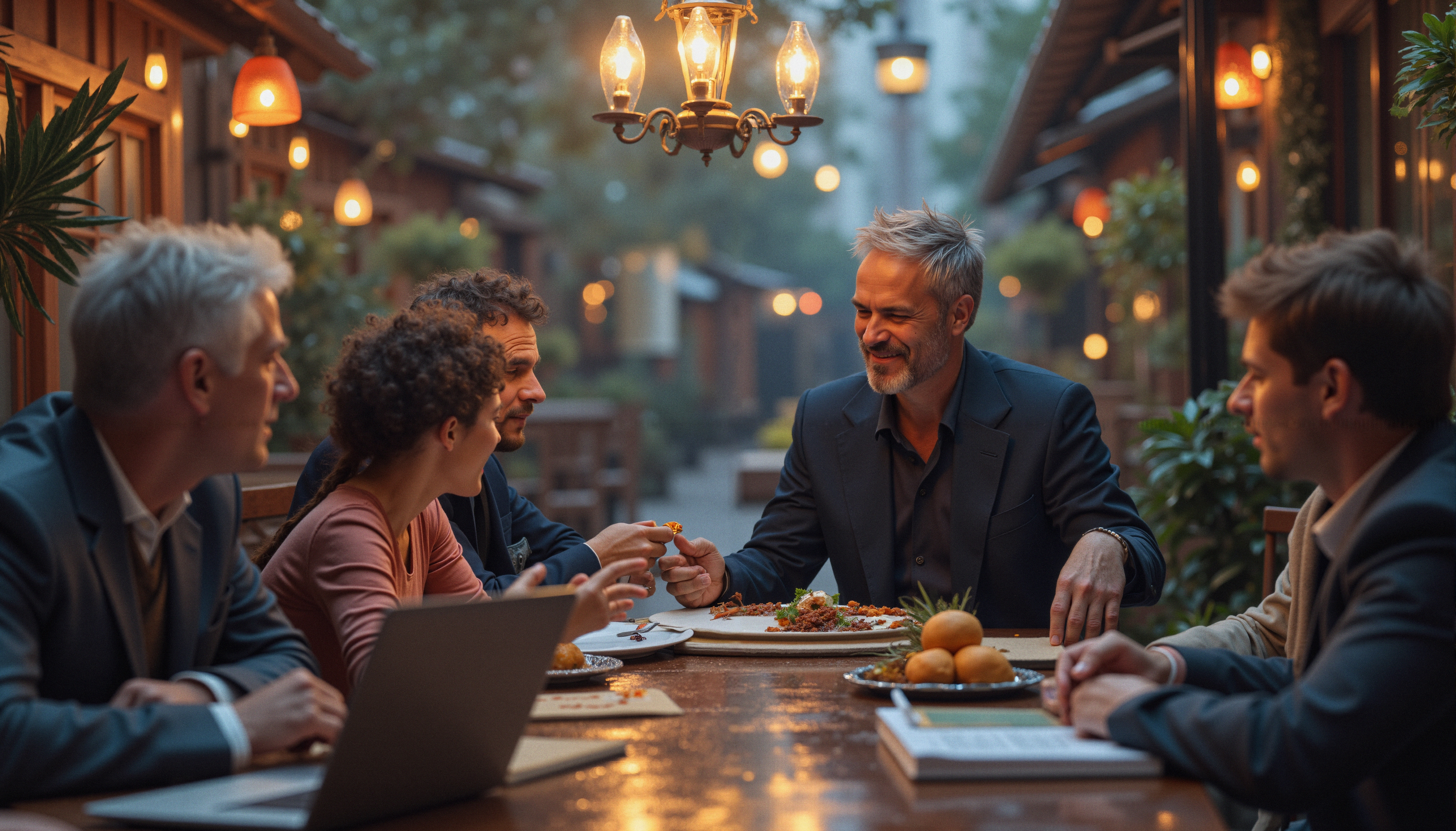 Business professionals dining outdoors under warm lanterns.