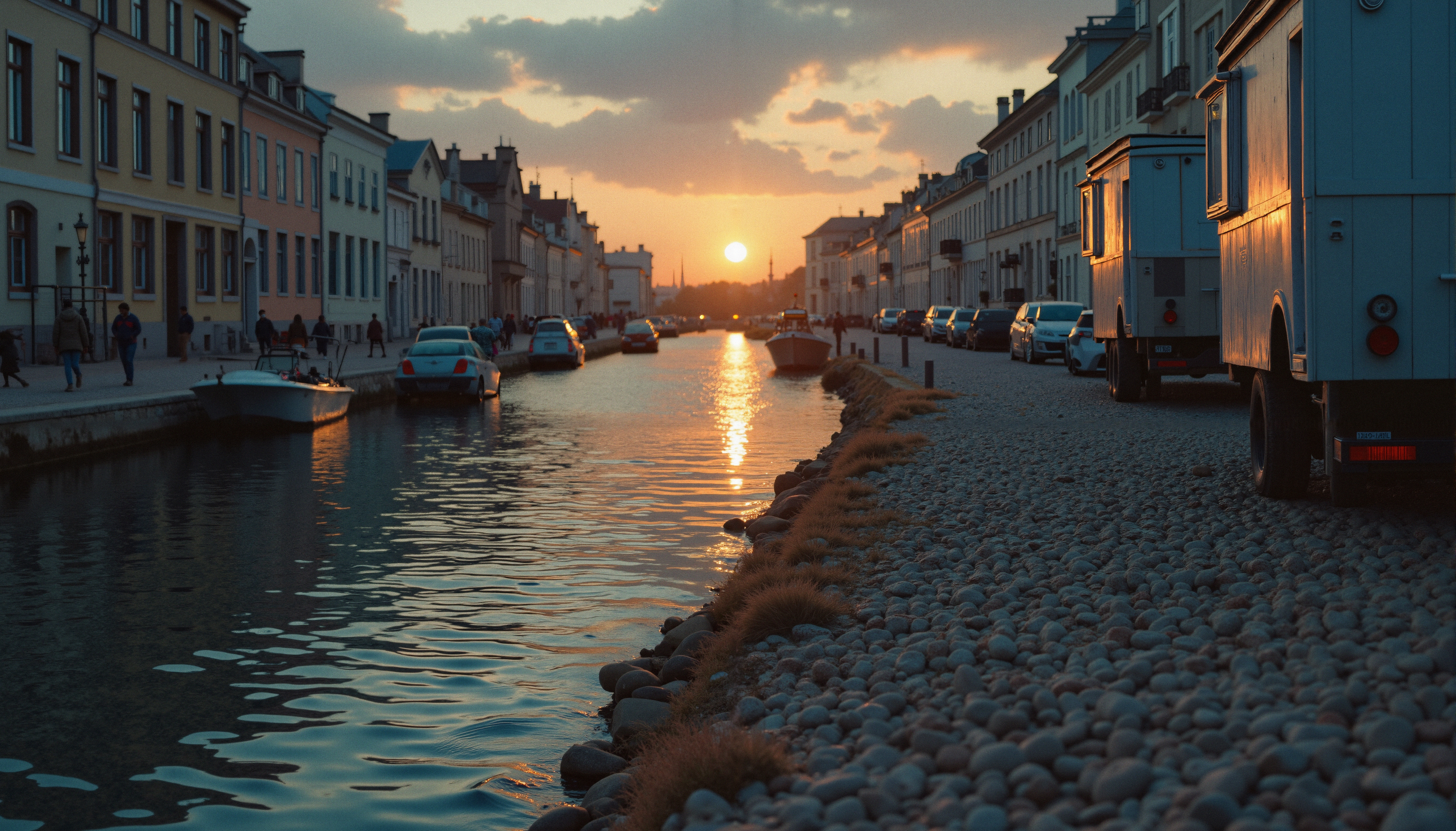 A serene sunset over a European city canal with pastel buildings and reflective waters.