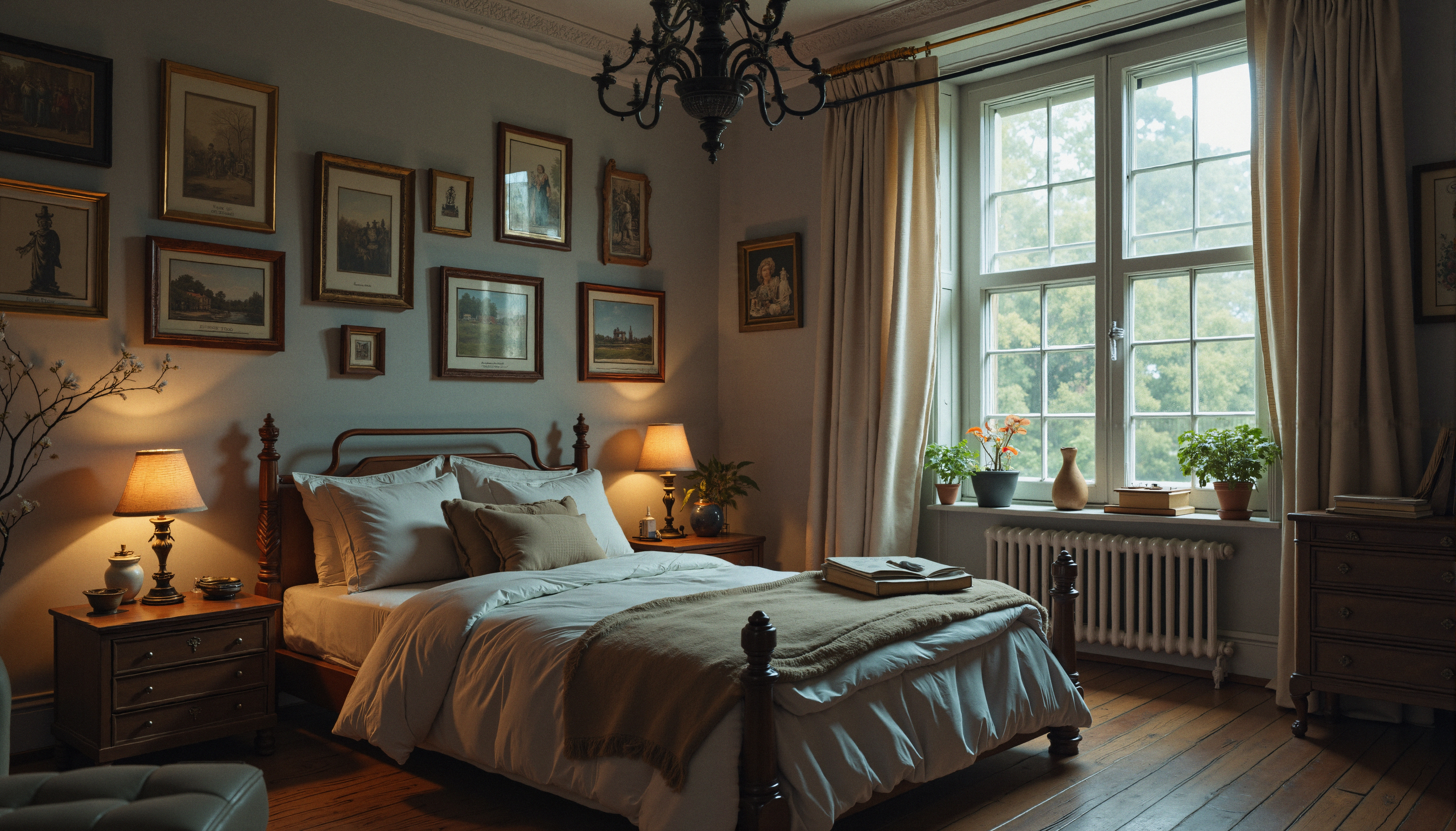 Cozy bedroom interior with vintage decor, featuring wooden bed, soft lighting, art, and plants by a window.