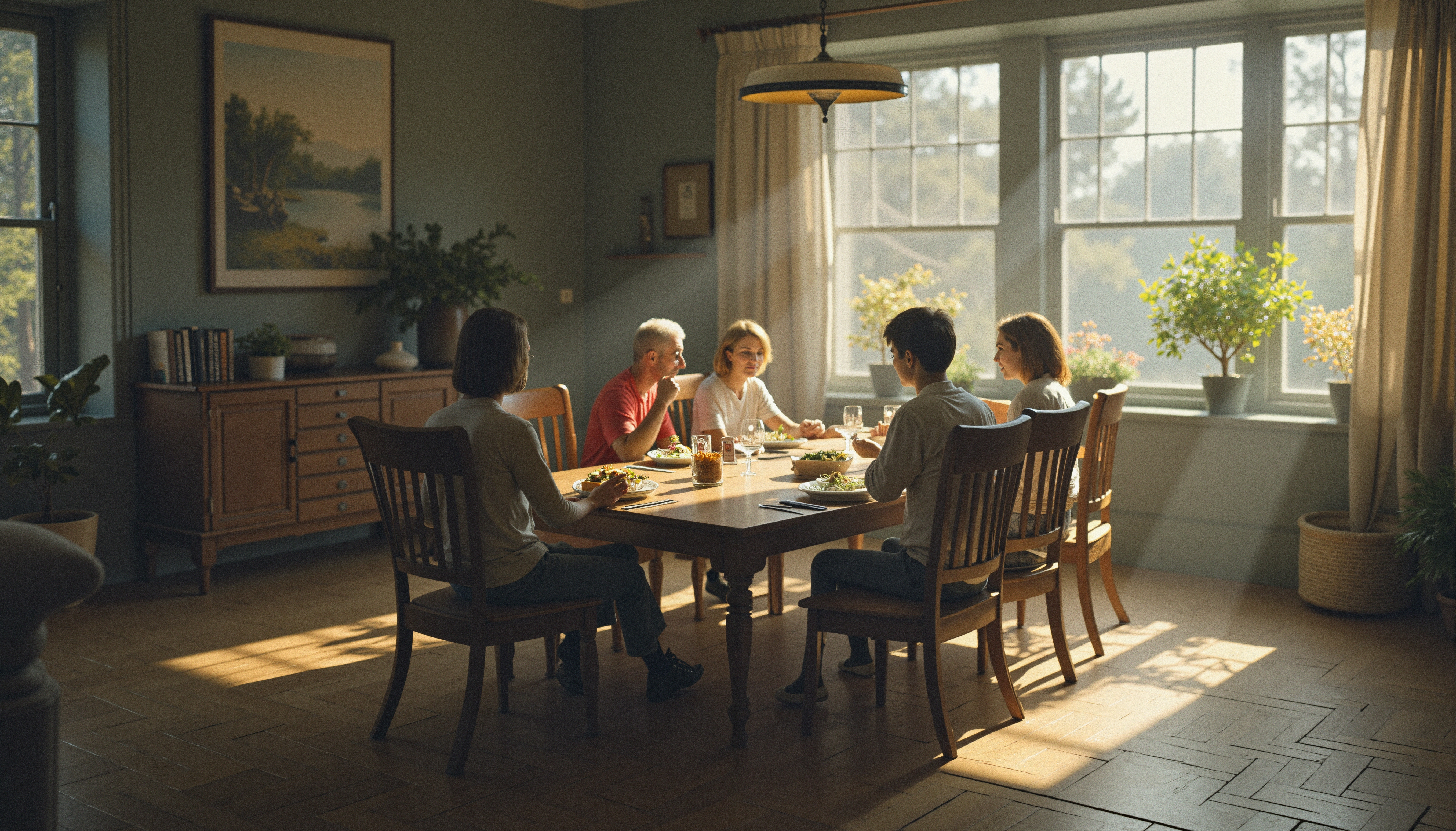 A family enjoys a meal together around a sunlit dining table, with greenery outside the large windows.