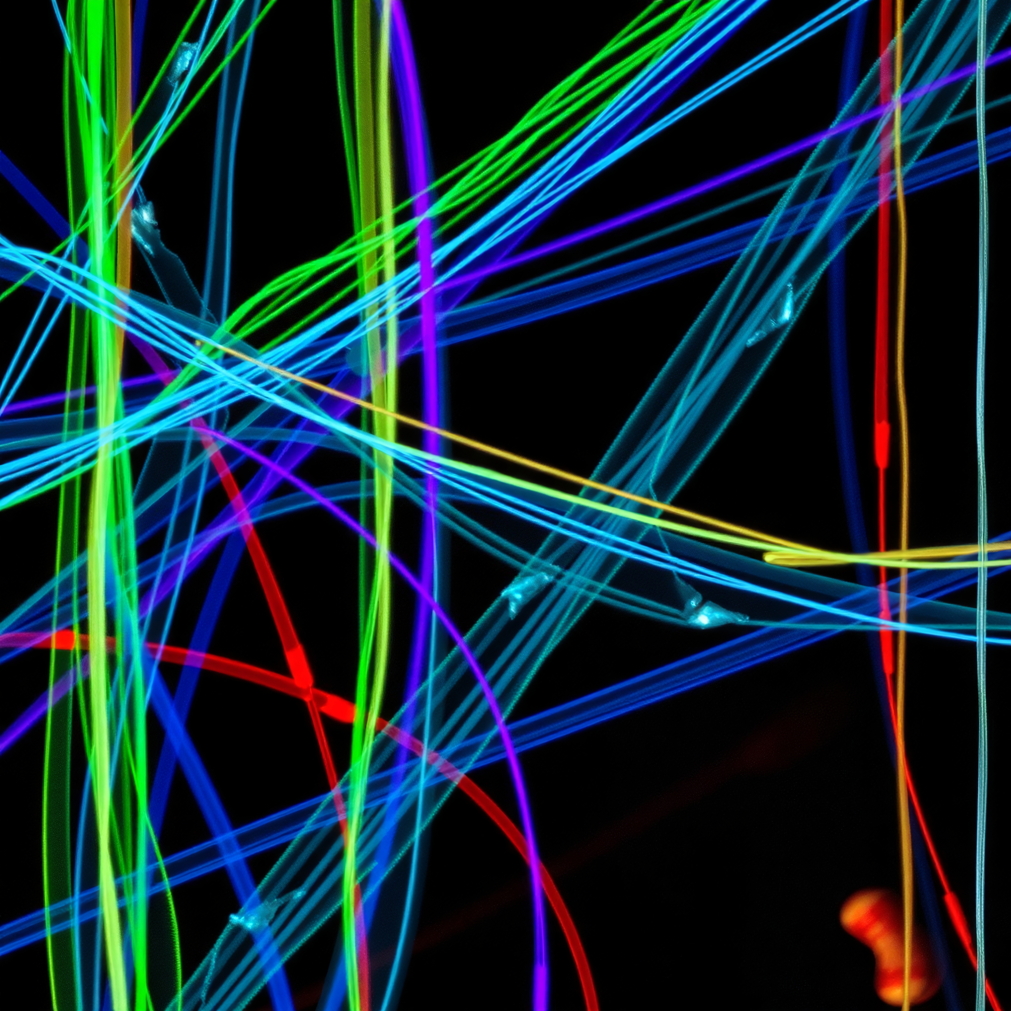 An abstract display of intersecting multicolored light trails against a black background.