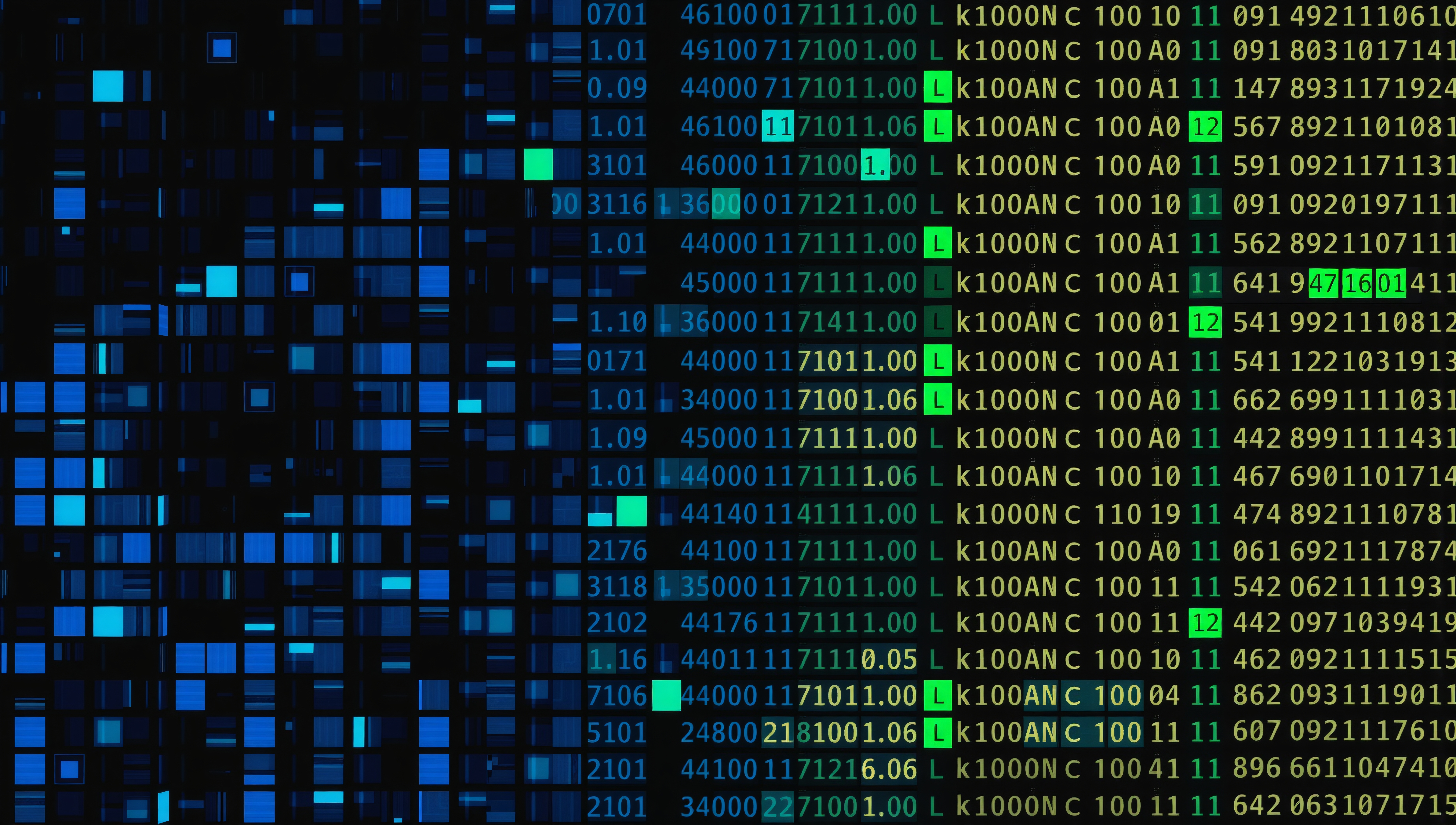 Vibrant digital data visualization with colorful blocks and numeric codes.