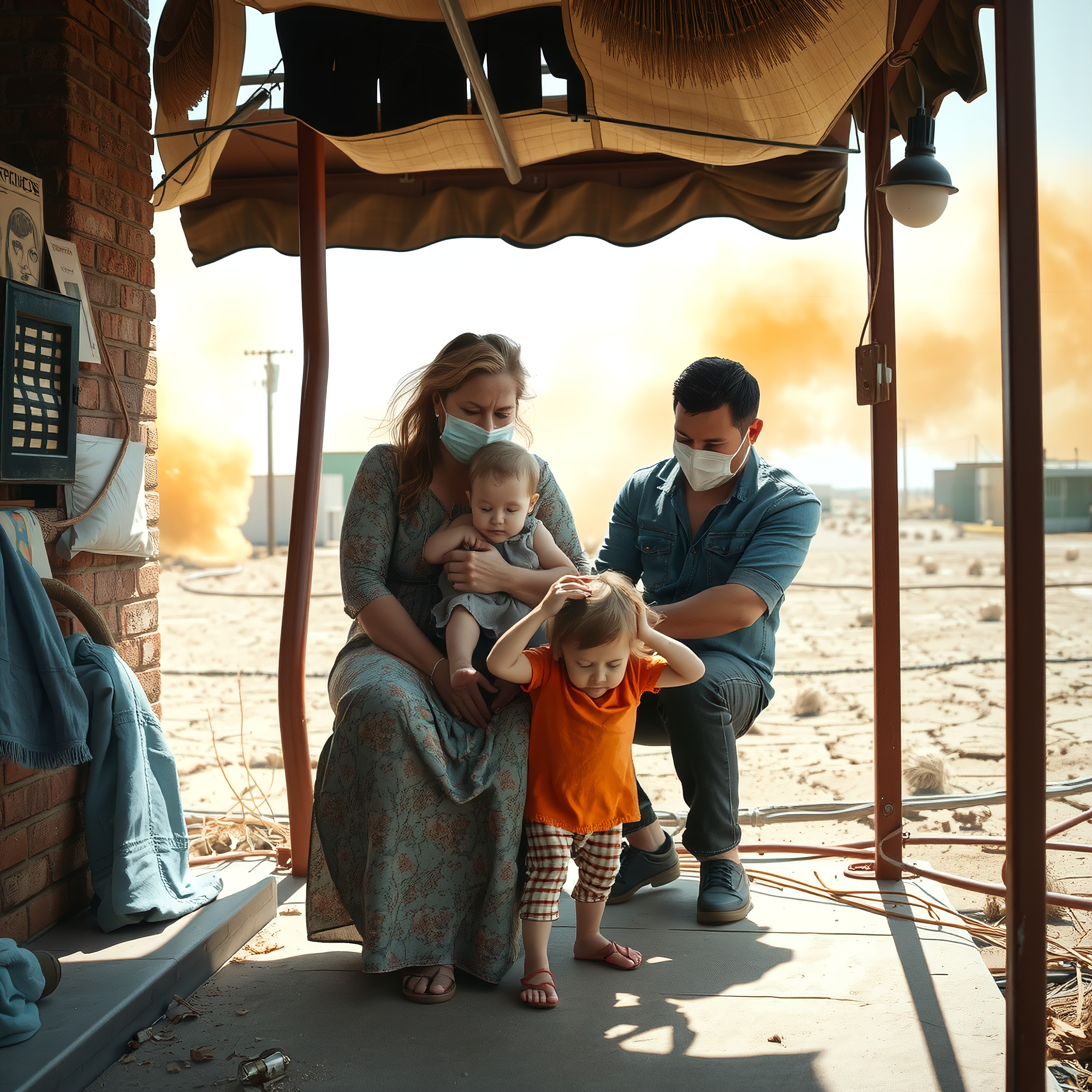 A family wearing masks on a porch in a desert landscape, with concerns over rising smoke in the background, depicting a tension-filled scene.