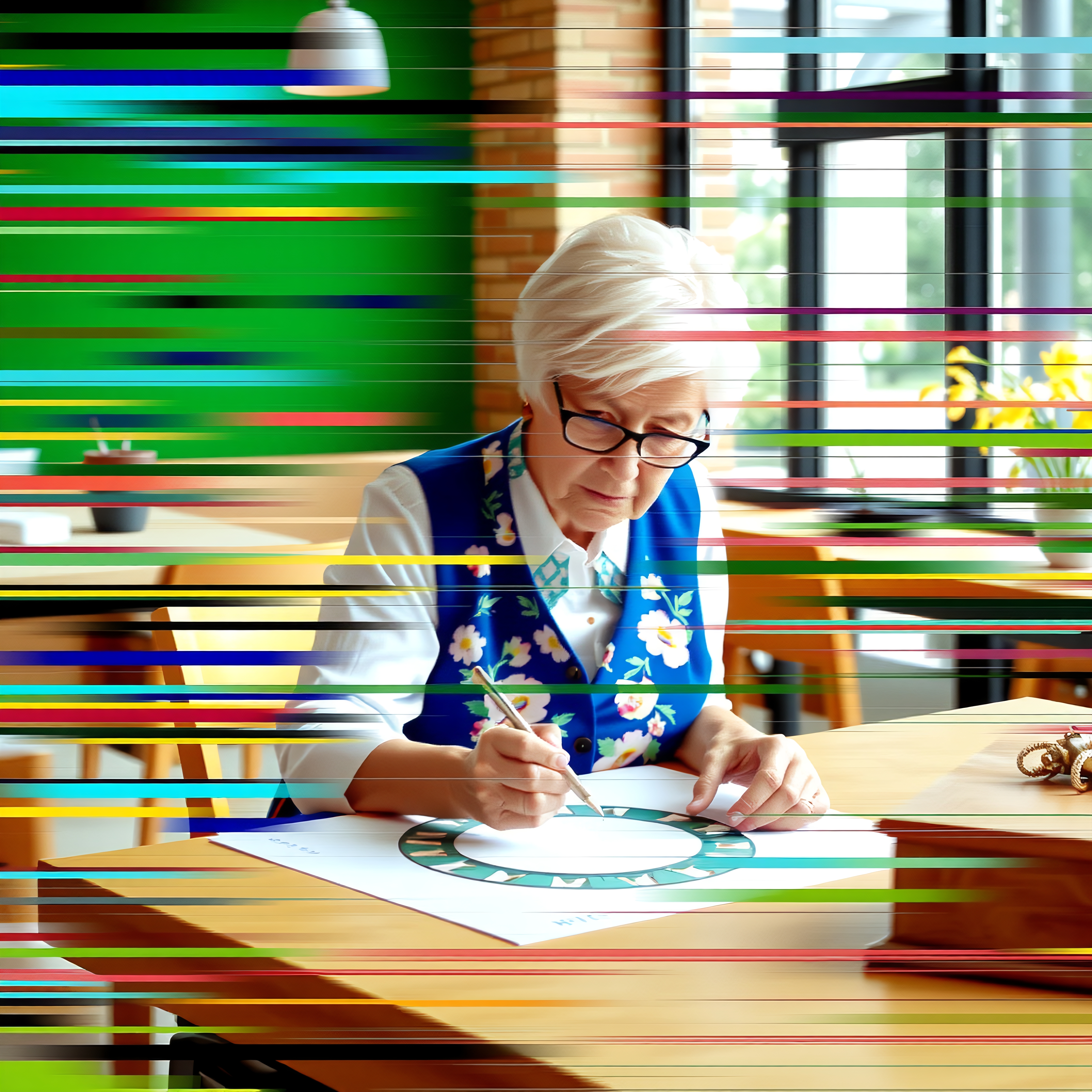 An elderly woman drawing a diagram in a sunlit room, with colorful lines adding an artistic touch to the scene.