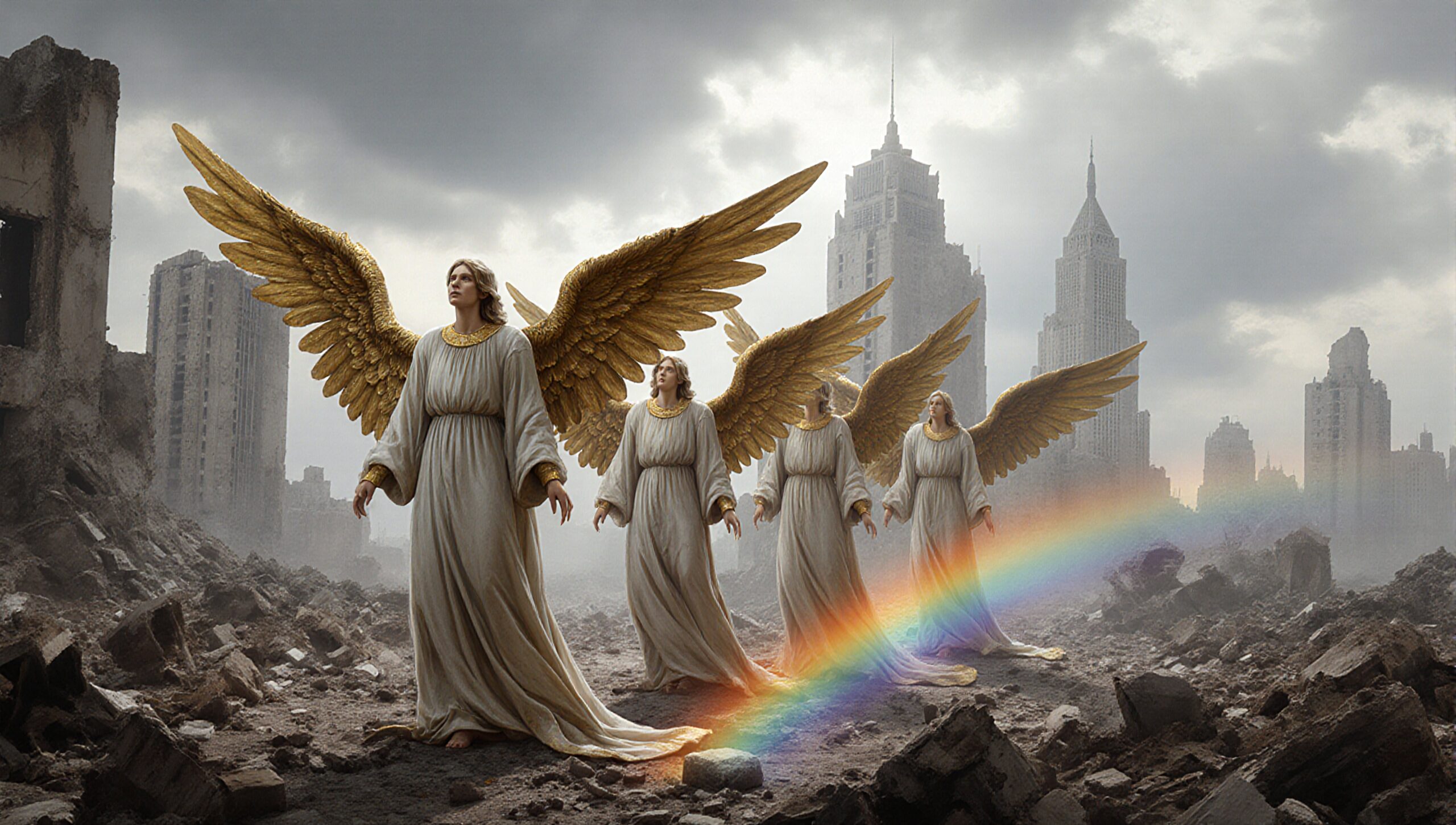 Angels with golden wings walking through ruins beneath a rainbow in a cityscape.