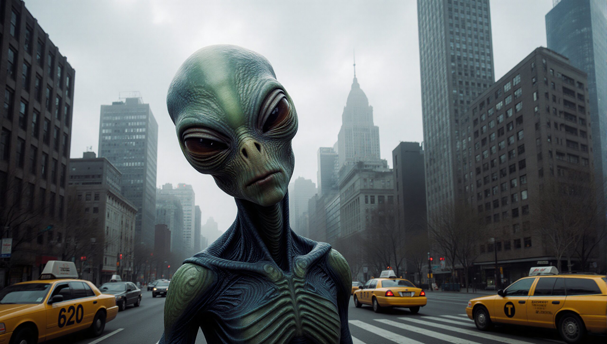 Mysterious alien stands amidst bustling city taxis and skyscrapers.