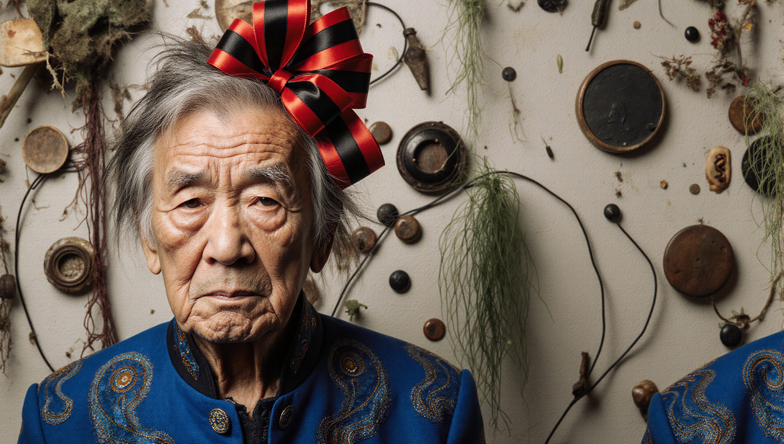 Portrait of an elderly person with a red and black bow, in a blue garment with a textured background.