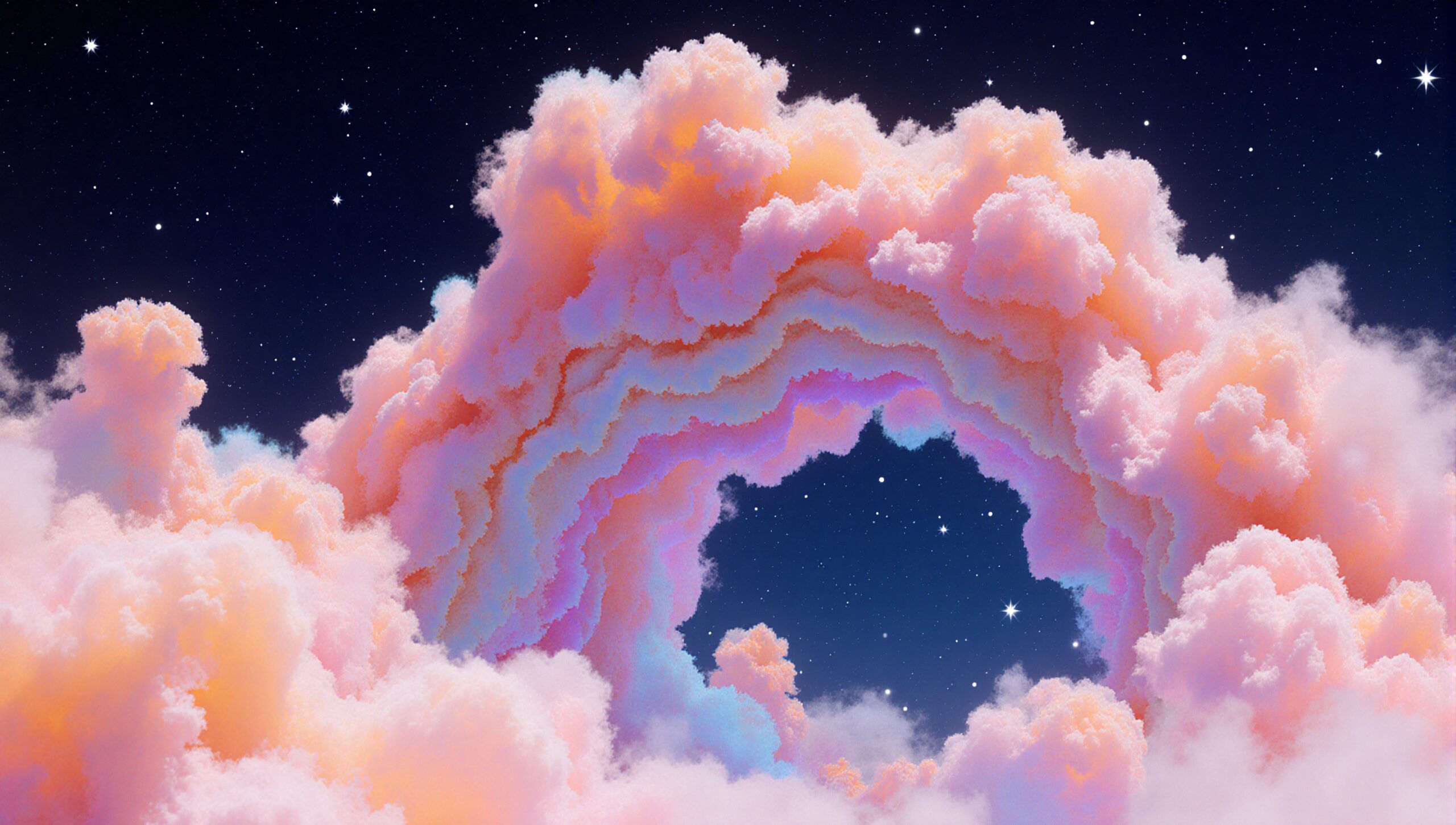 A surreal cloud arch set against a starry night sky with dreamy pink and orange hues.