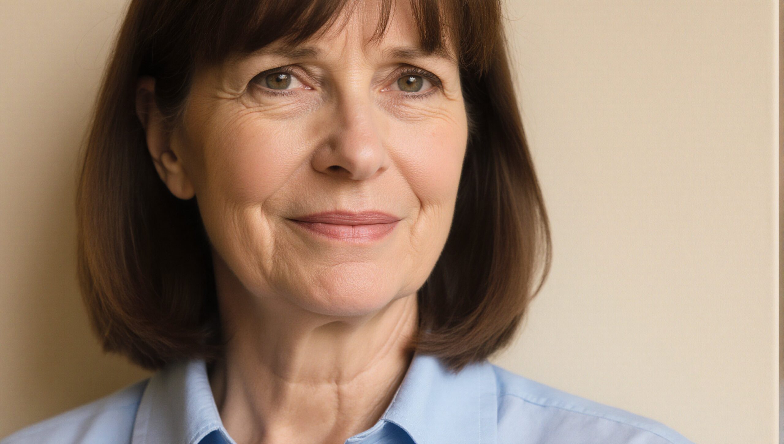 A middle-aged woman with brown hair smiles gently in a light blue shirt against a neutral background.