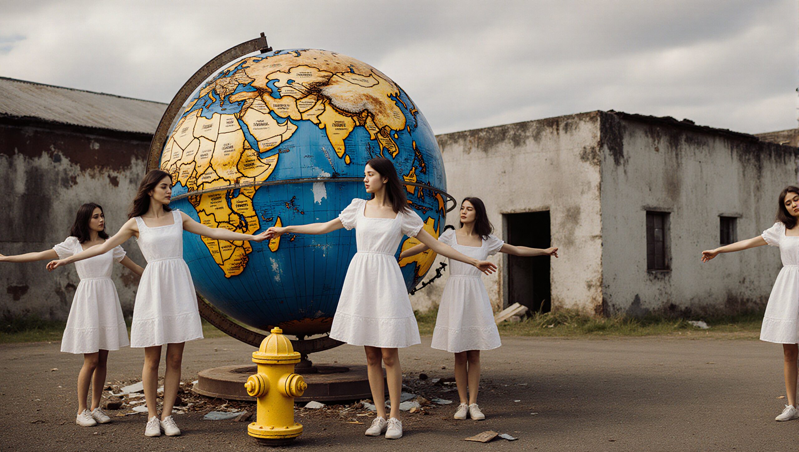 Five women in white dresses encircle a giant globe, symbolizing unity amidst an abandoned setting.