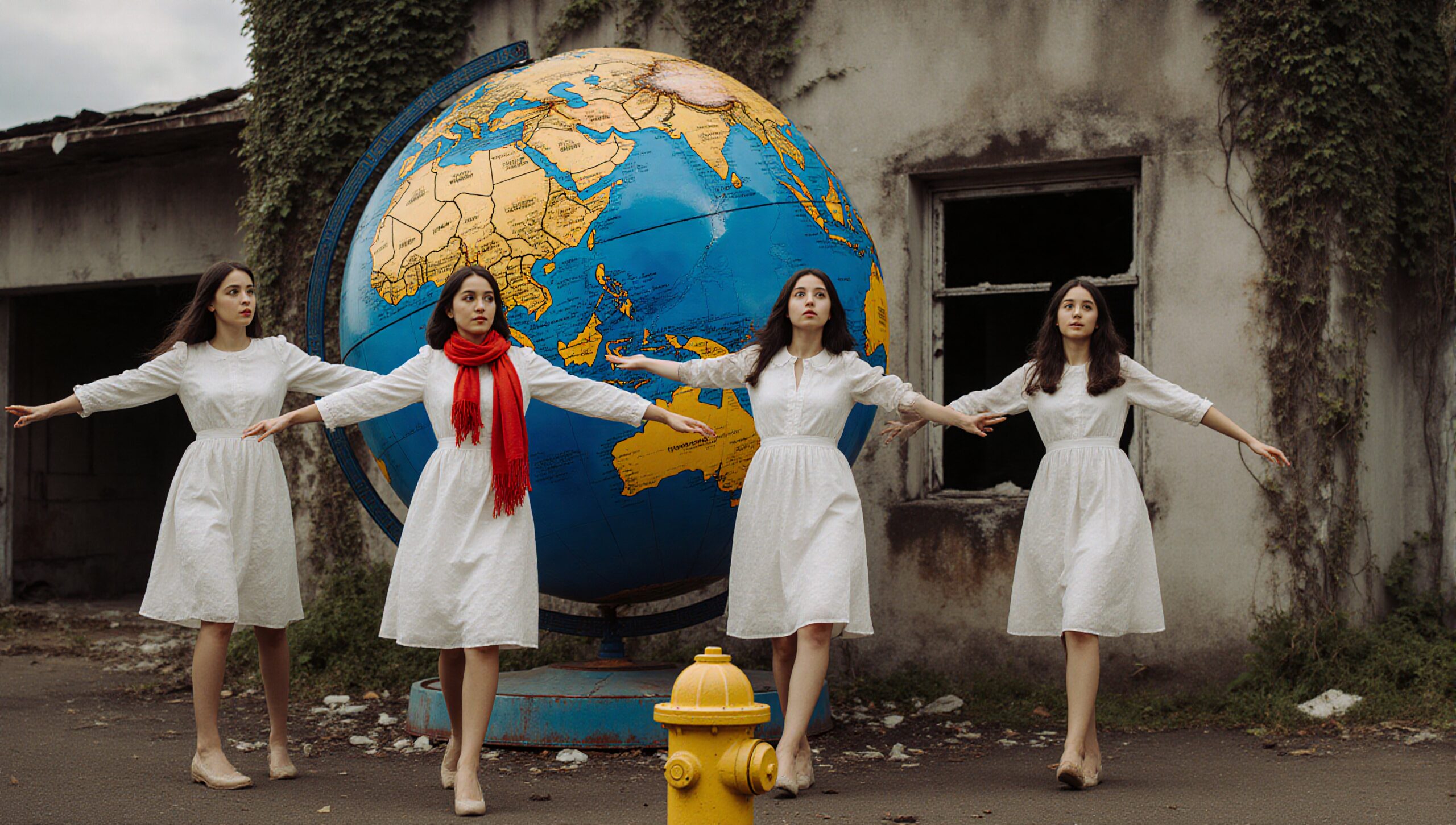 Four women in white dresses stand around a globe near an old building.