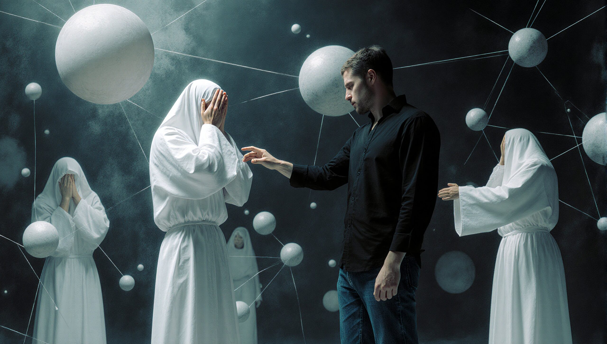 A man in black interacts with veiled figures surrounded by floating spheres in a surreal, mystical setting.