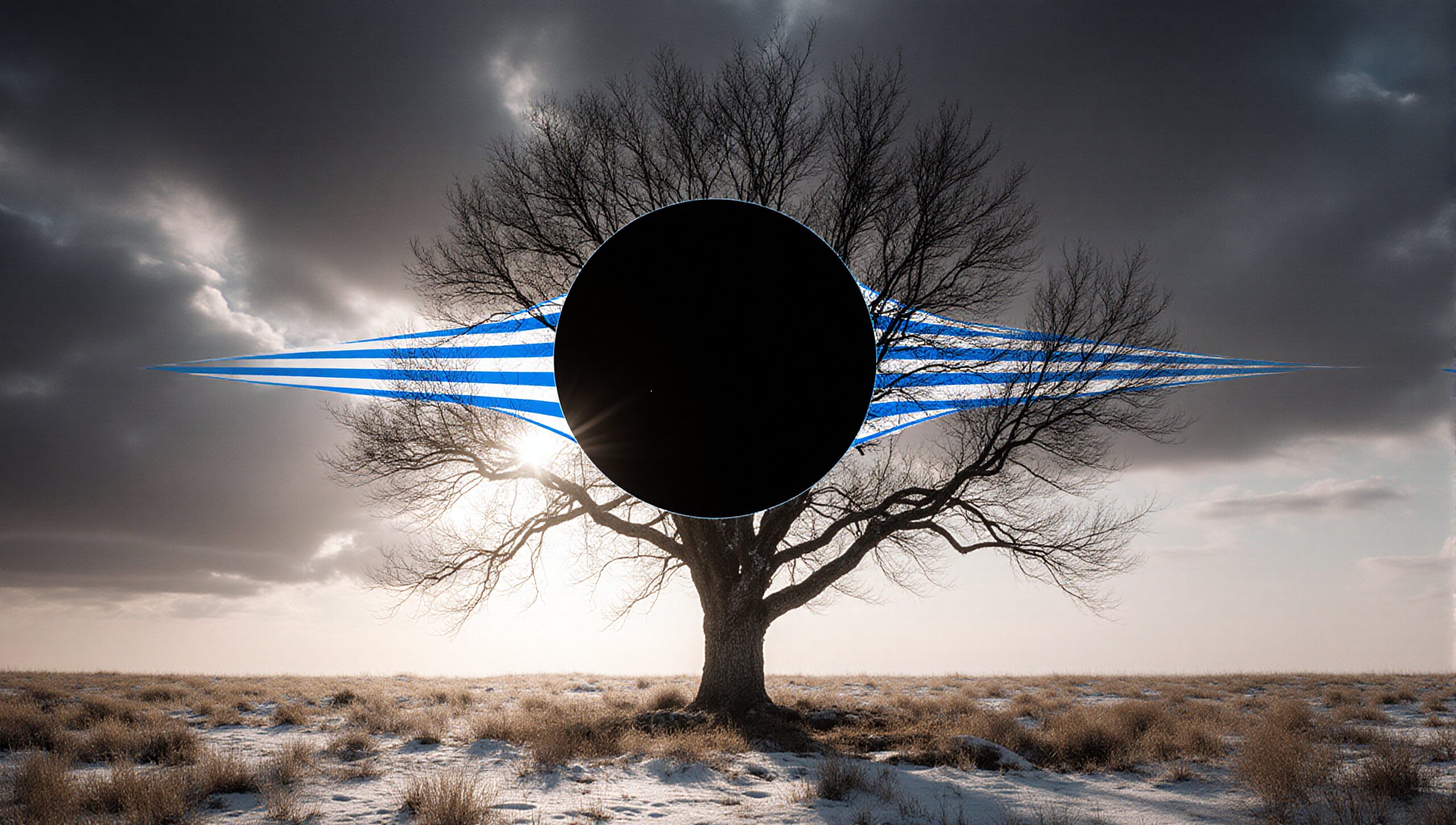 A surreal landscape of a leafless tree intersected by blue and white geometric lines with a black circle.