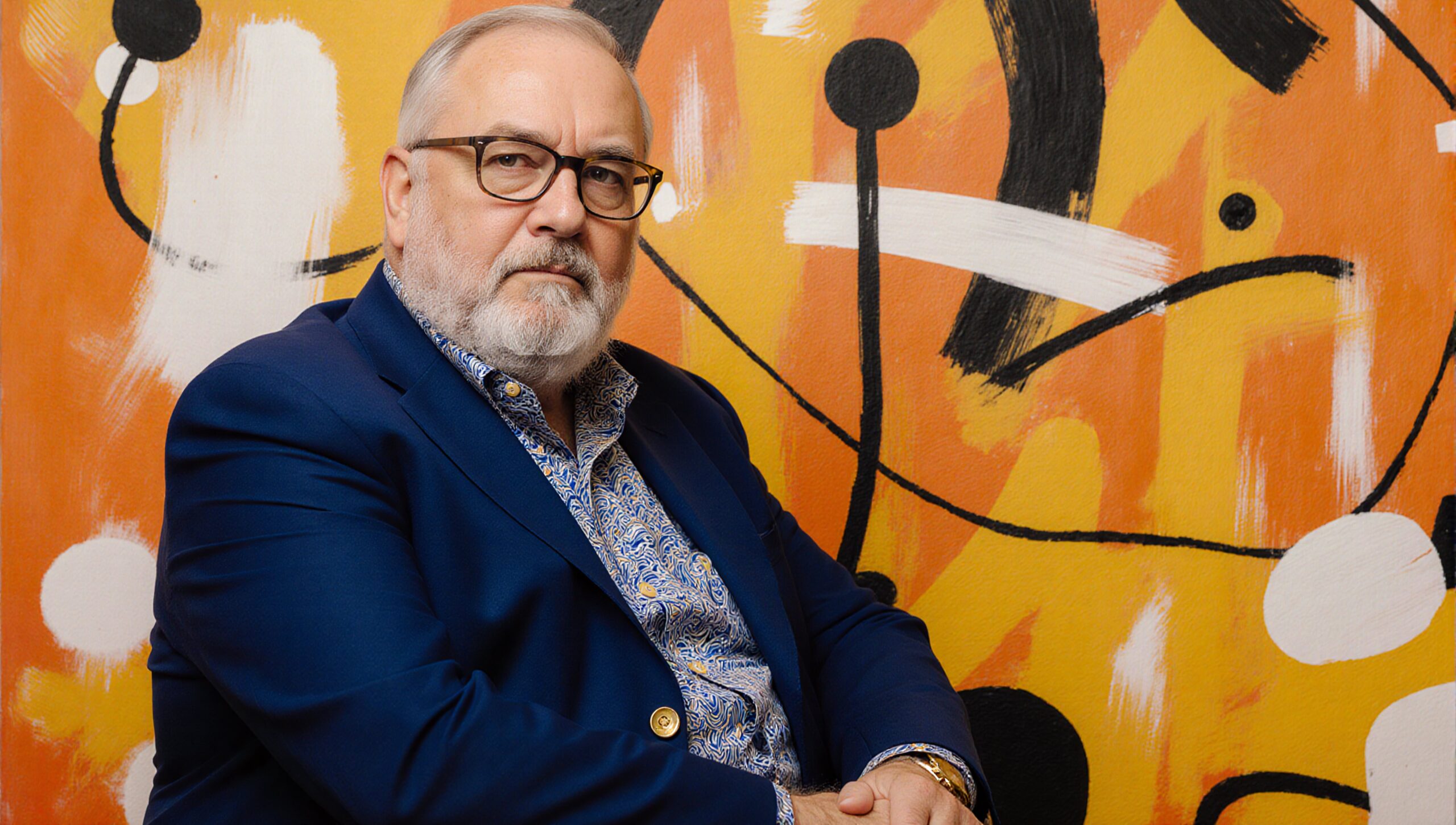 A contemplative elderly man sits thoughtfully against a vibrant abstract mural background, wearing a blue blazer and patterned shirt.