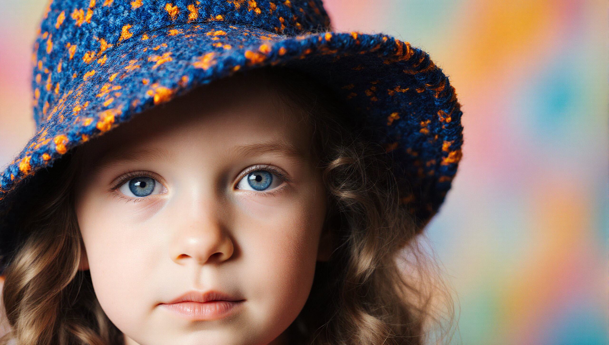 A young child with blue eyes and curly hair wears a textured blue and orange hat against a colorful background.
