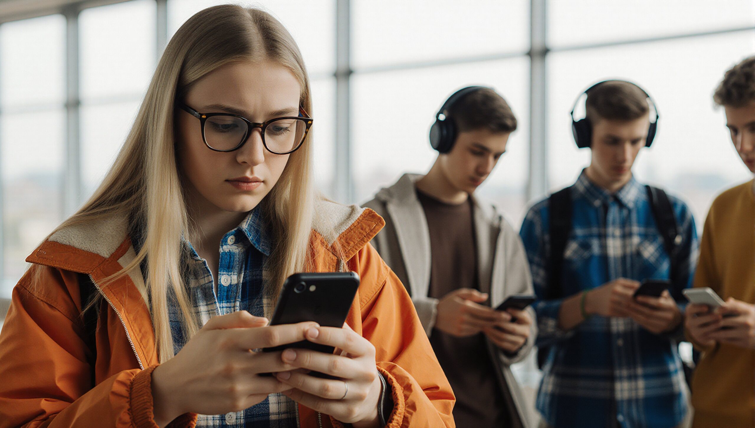 Young people engrossed in smartphones indoors.