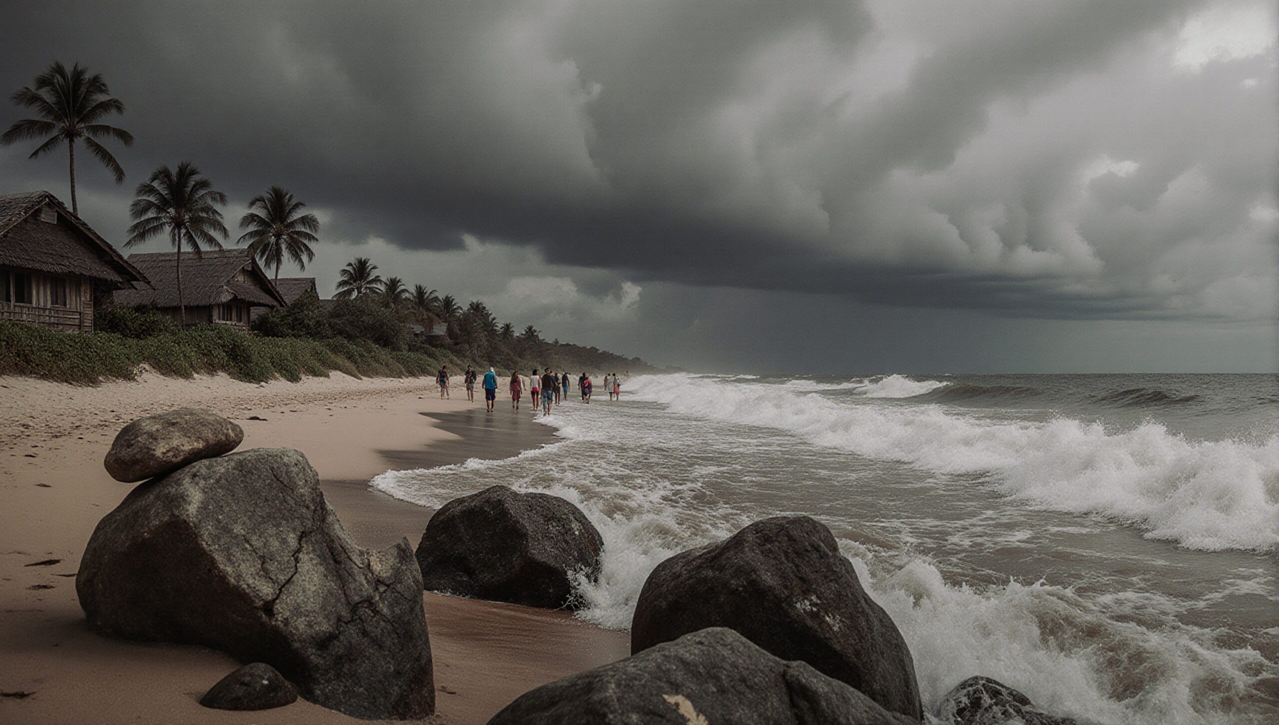 Tropical beach with stormy clouds, people walking.