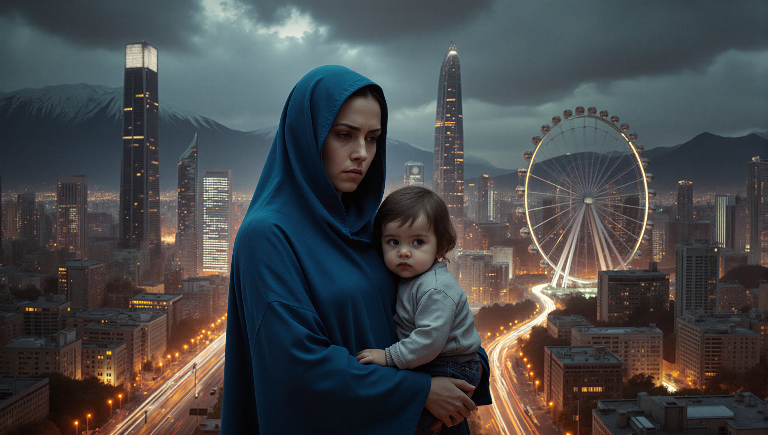 Woman in blue hood holds child in vibrant city skyline.