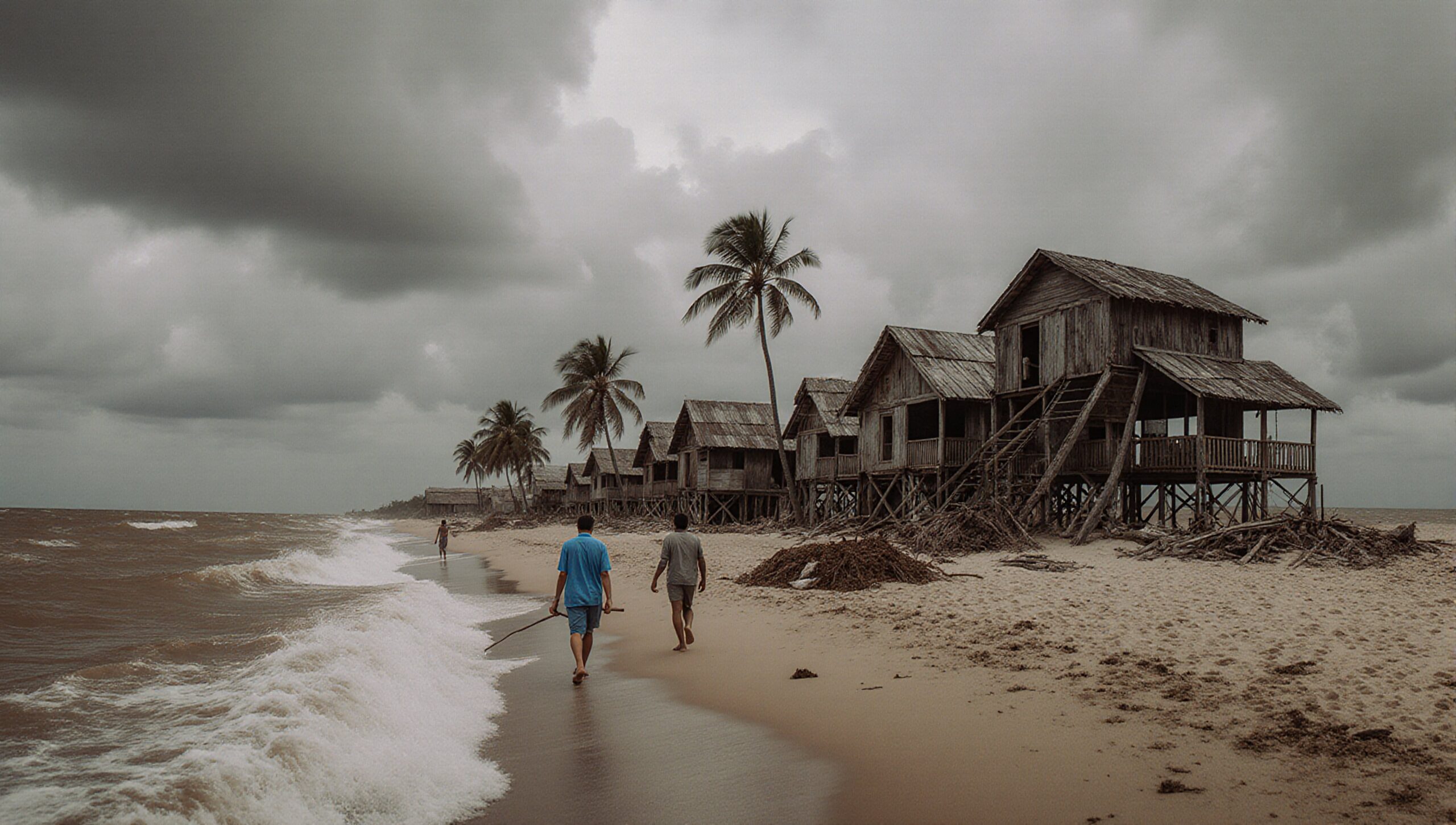 Two people walk by rustic stilt houses on a stormy beach.