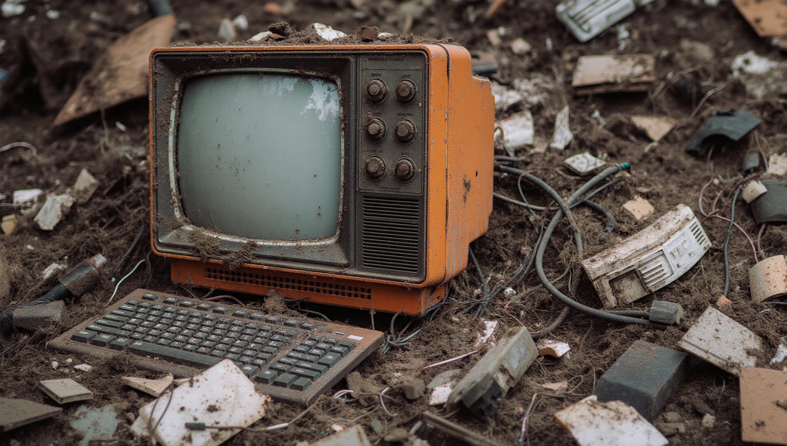 An old orange TV and keyboard amidst e-waste.