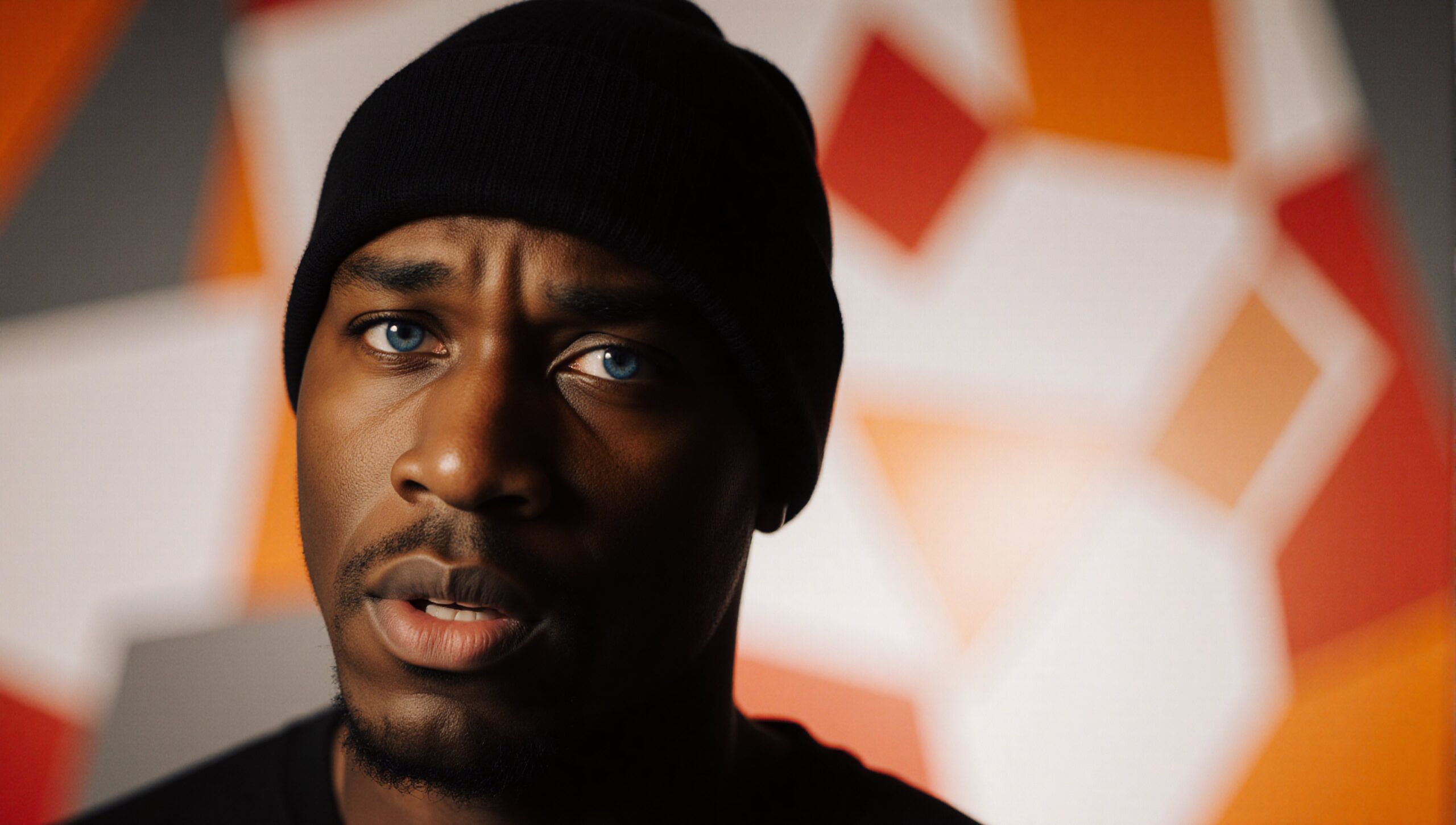 Close-up portrait of a person wearing a beanie with a geometric background.