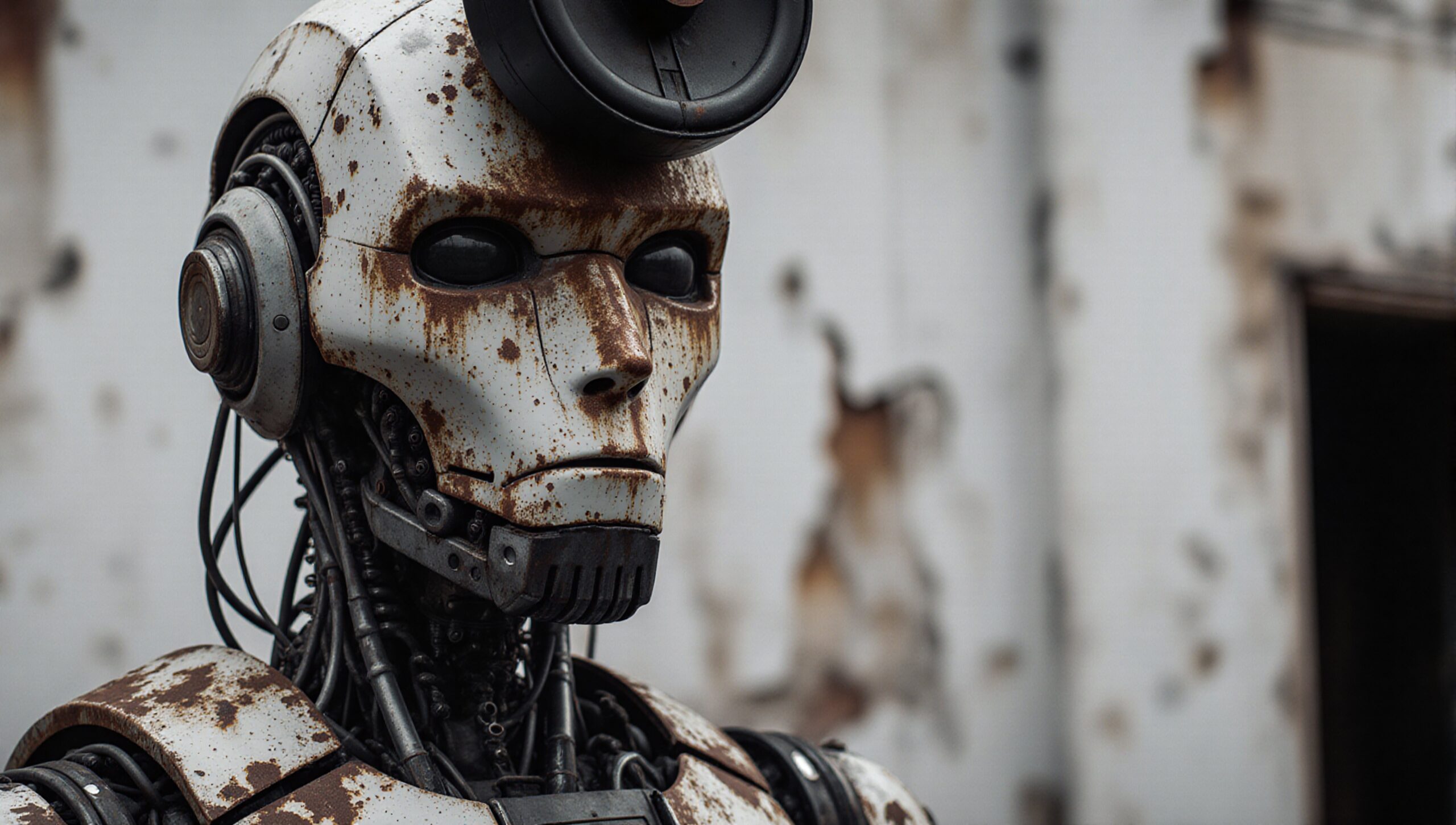 A rusted humanoid robot with a weathered exterior in a dystopian setting.