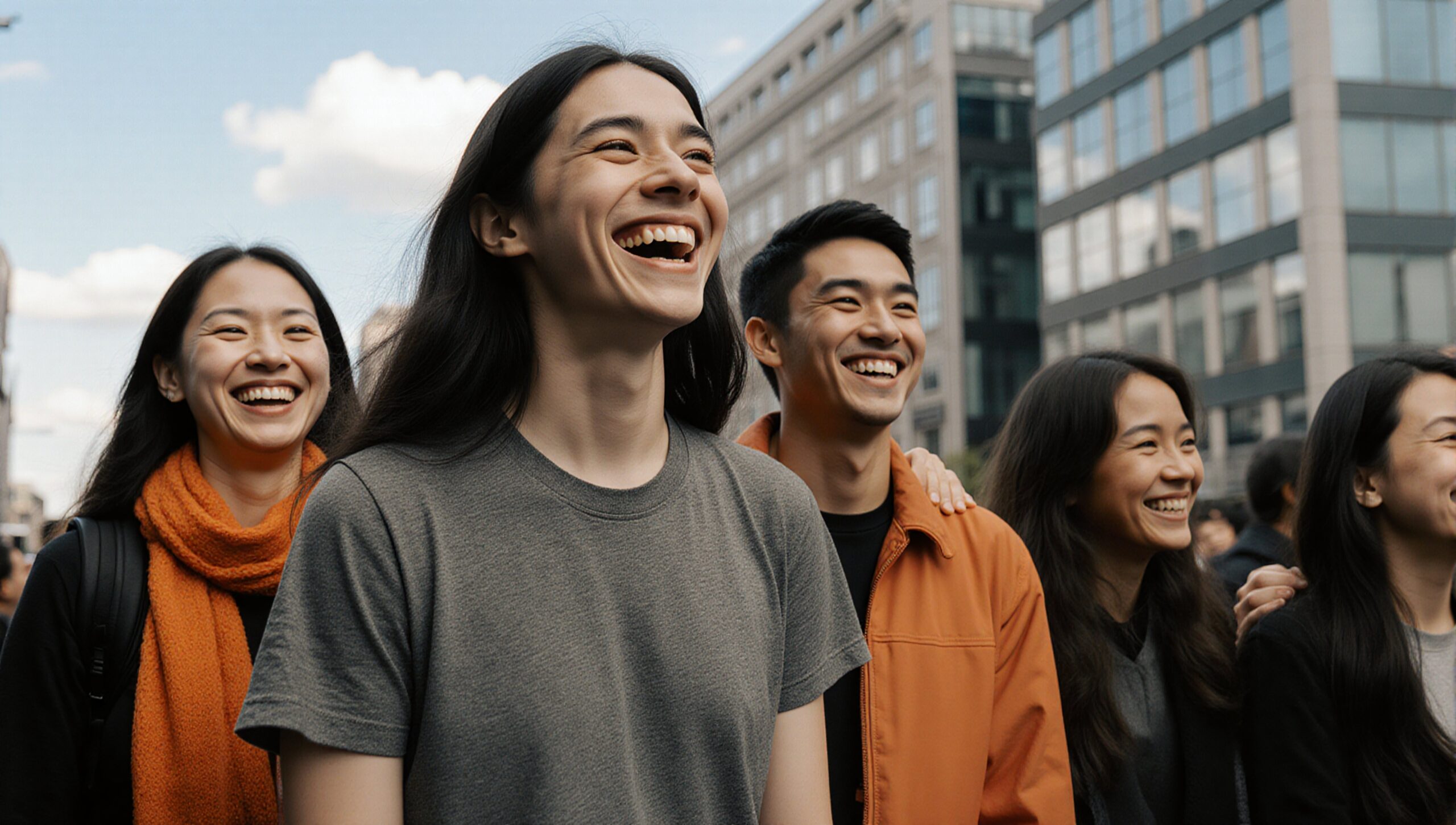 A group of friends cheerfully smiling in an urban city setting.