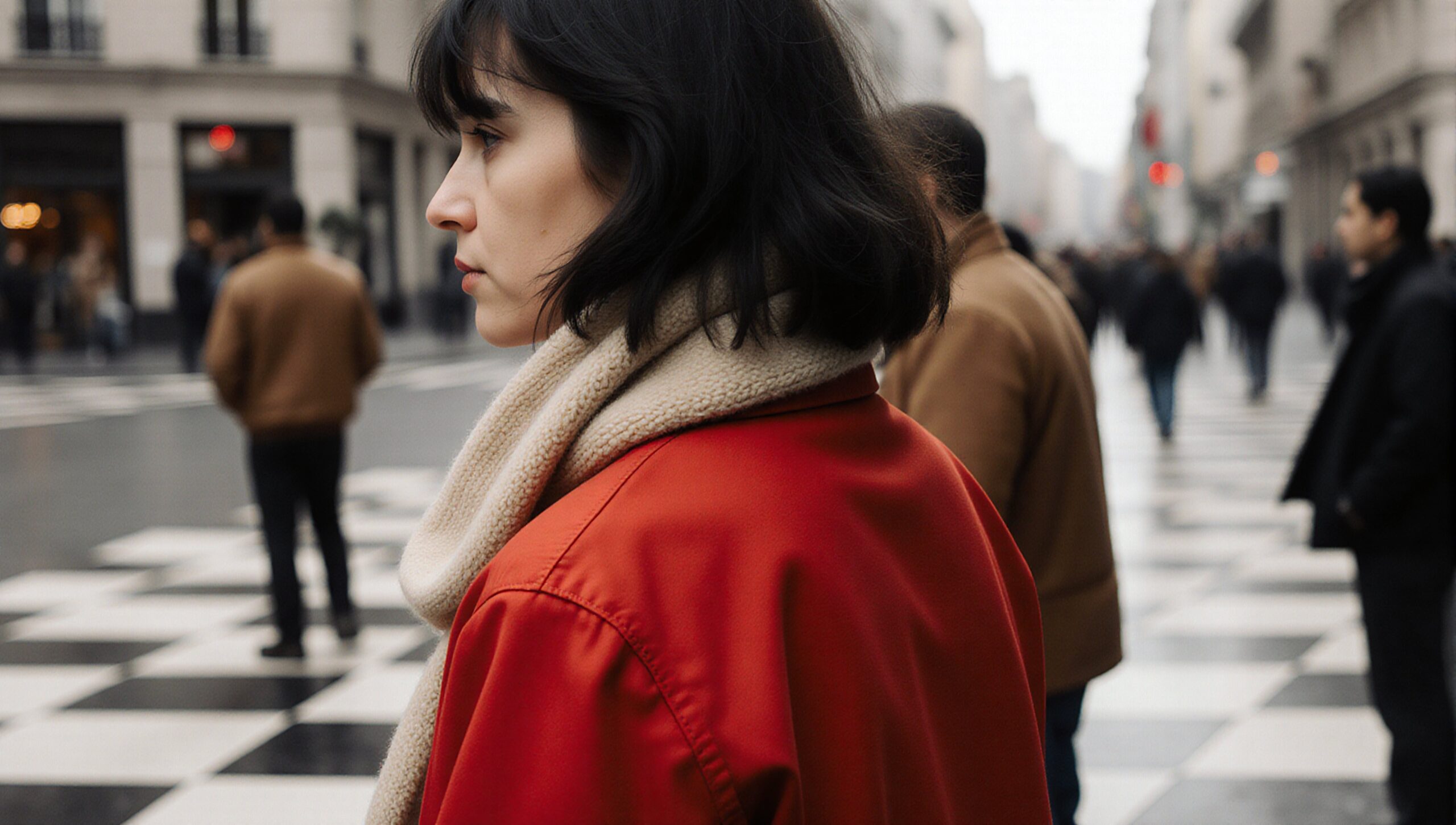 A woman in a red coat standing thoughtfully in a busy city street with a checkered pattern pavement.