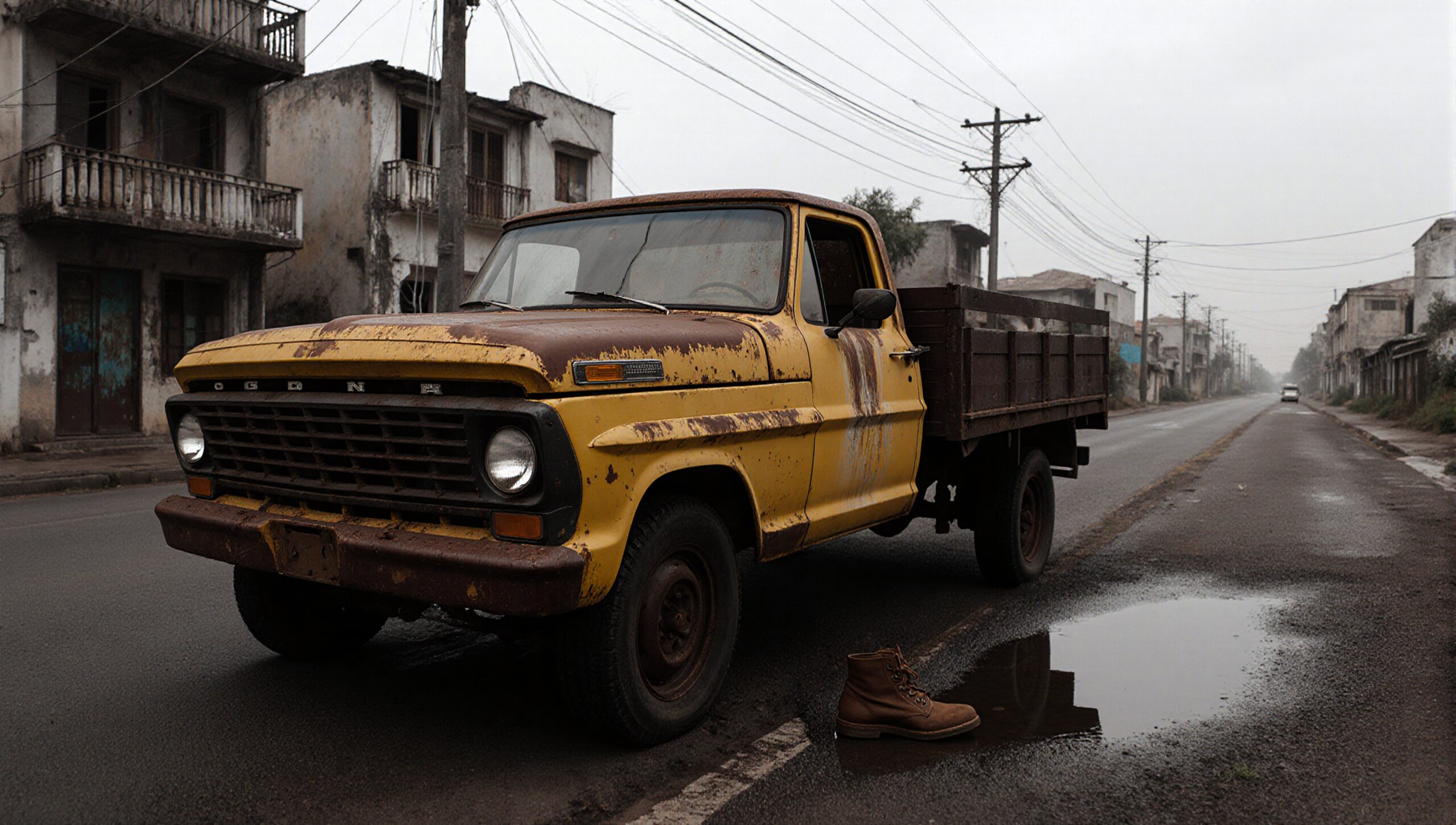 A rusty yellow truck parked on an abandoned street, highlighting urban decay and solitude.