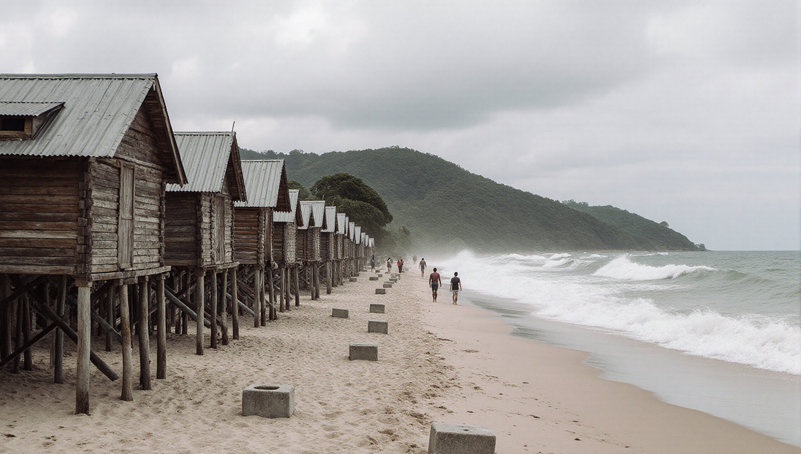 Stilted wooden huts on sandy beach with waves.