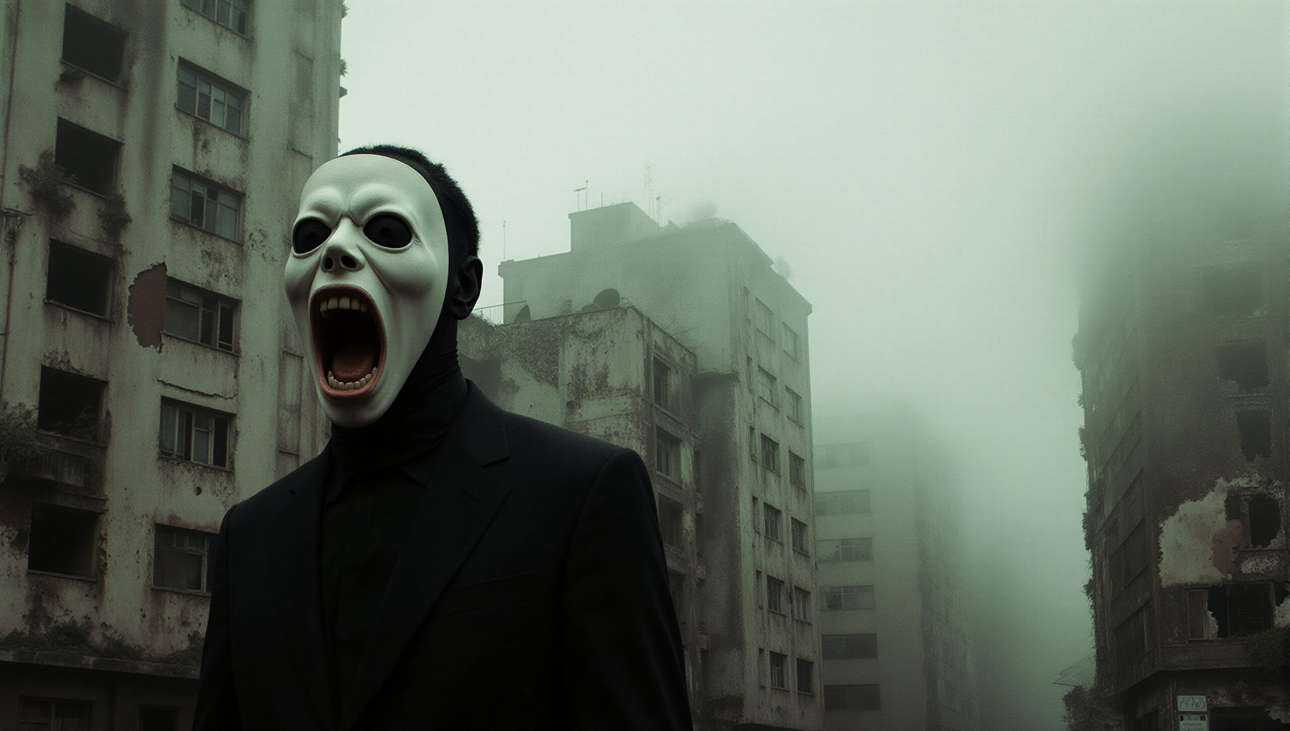Masked figure in foggy urban environment with abandoned buildings.