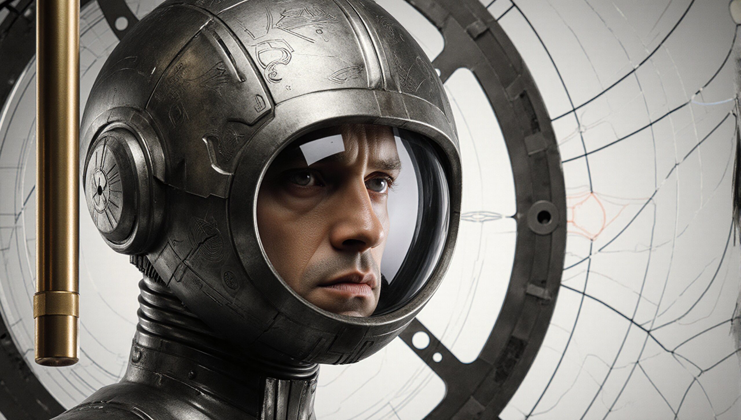 A futuristic astronaut with a detailed metallic helmet inside a spacecraft interior.