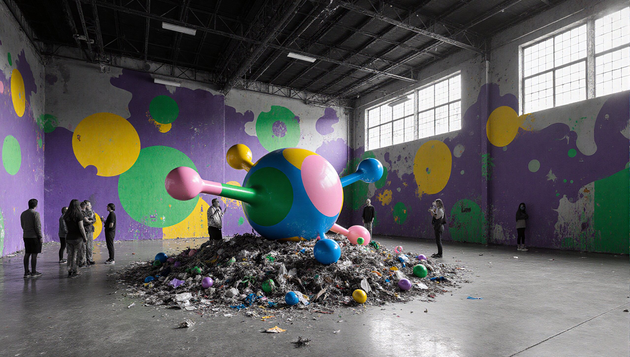 A large colorful sculpture resembling an atom inside an industrial space with vibrant walls and observing people.