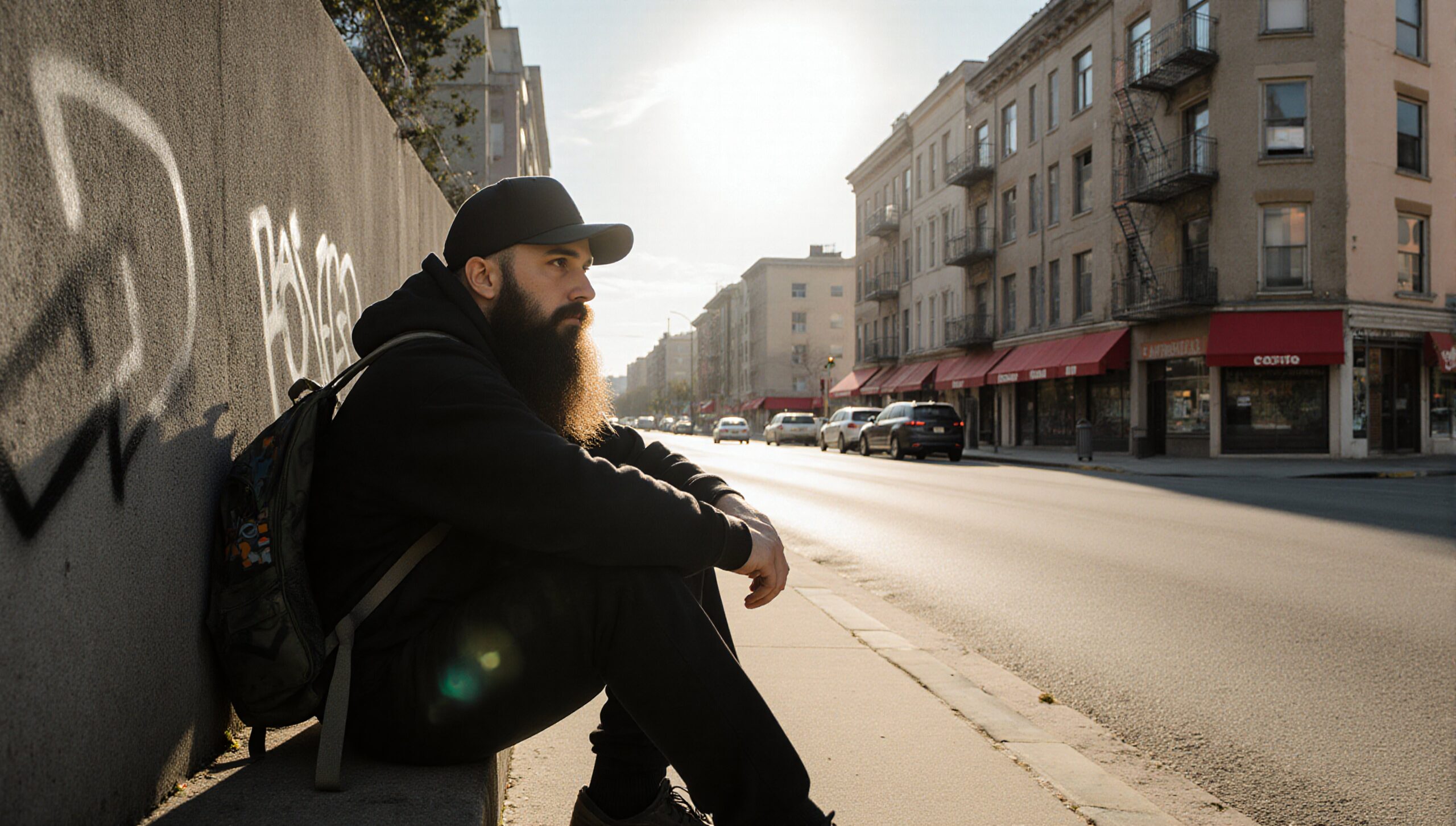 Man sitting on urban sidewalk at sunset with buildings.