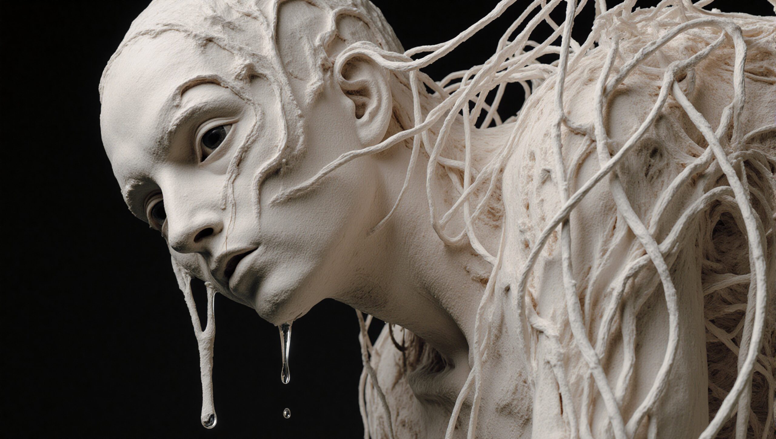Intricate white sculpture with organic tendrils and dripping liquid.