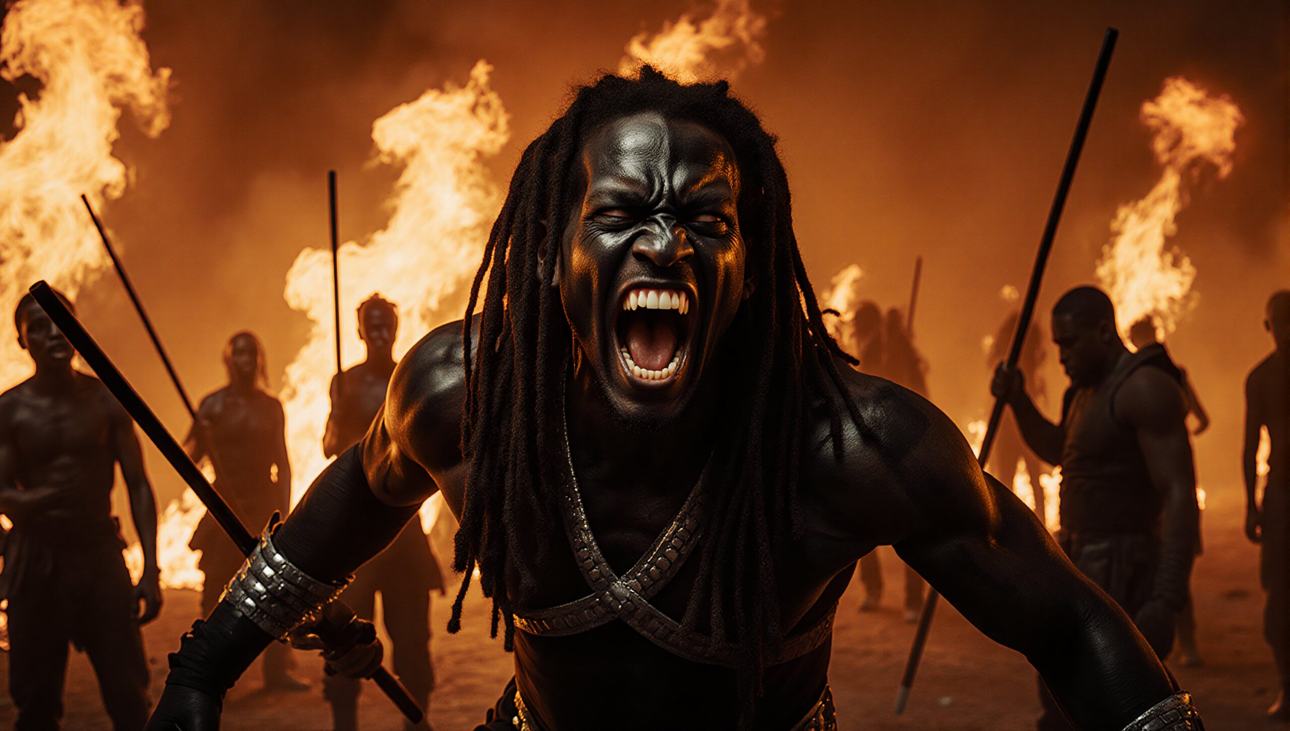 A fierce warrior with dreadlocks roars amidst flames and shadowy figures, evoking intensity and conflict.