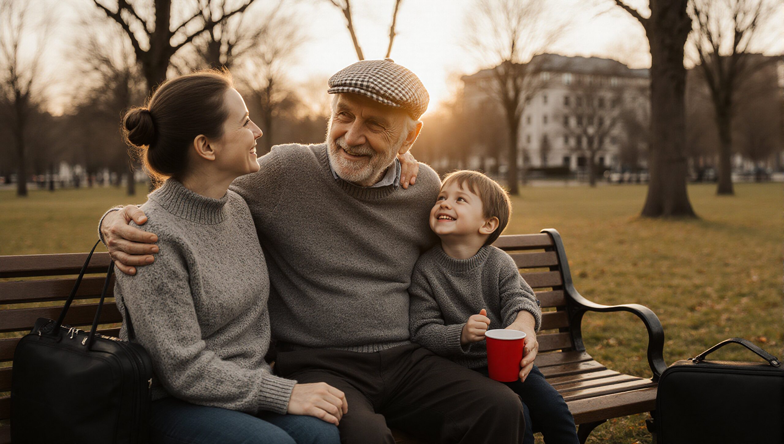 Three generations enjoying sunset together.