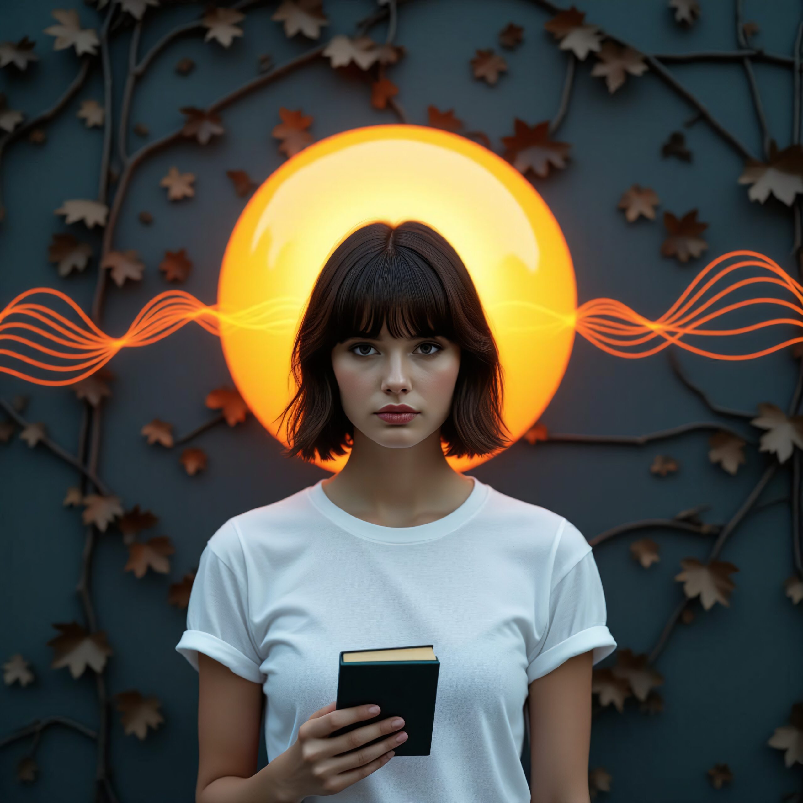 A woman in front of an illuminated circular backdrop holds a book, surrounded by leaves.